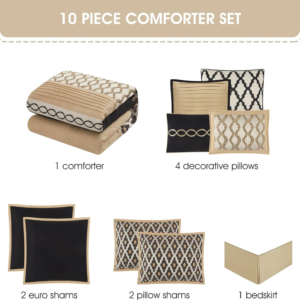 Stratford Park Geometirc King Black Gold Comforter Set, 10 Piece, Jacquard Bedding Comforters & Sets, Bedskirt, Pillows & Shams,