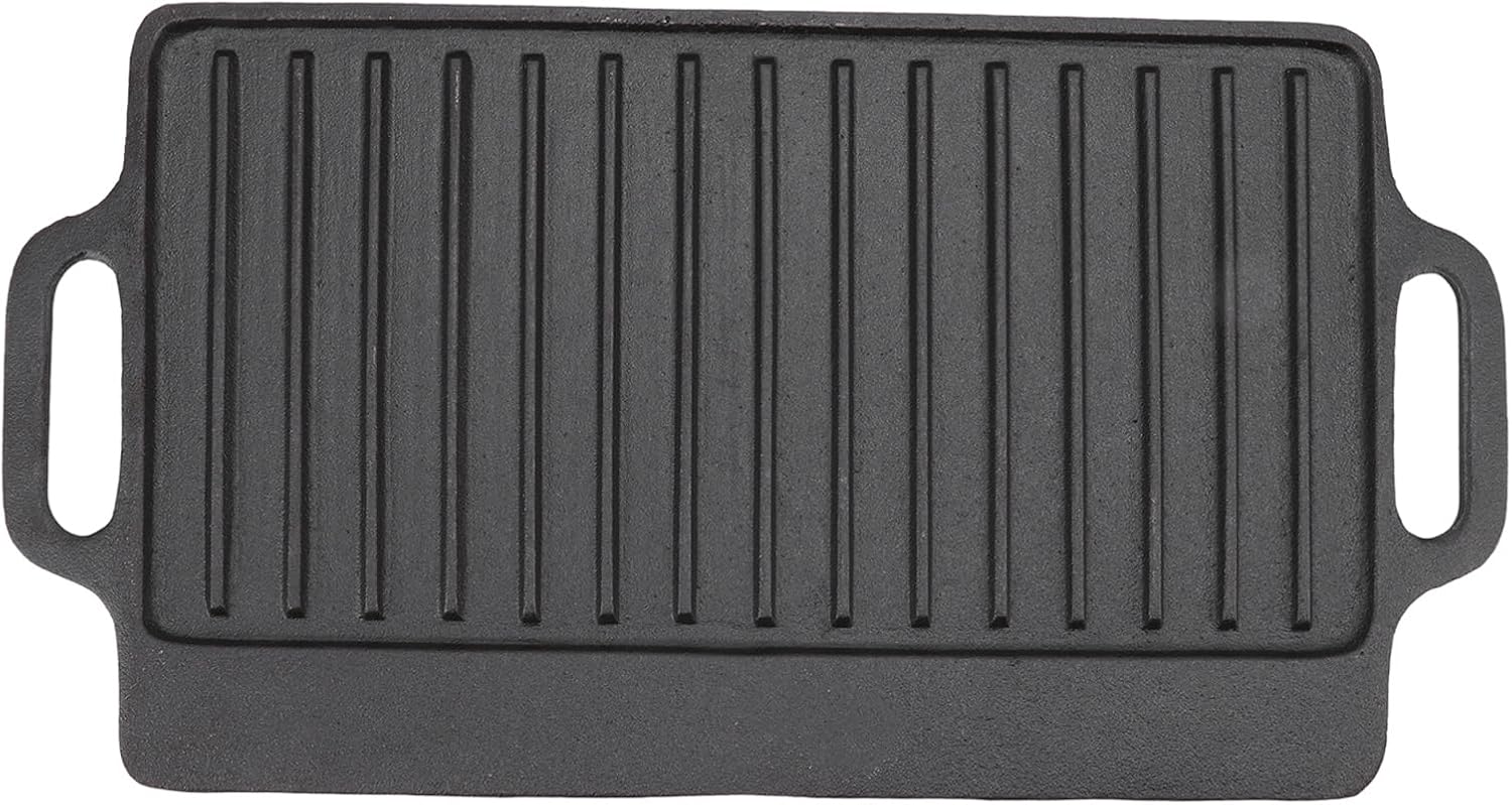 Cast Iron Grill Griddle, Double Sided Rectangular Teppanyaki Plate with Easy Grip Handles, for Barbecue Steak Chicken Pancakes Bacon Eggs (51x23CM)