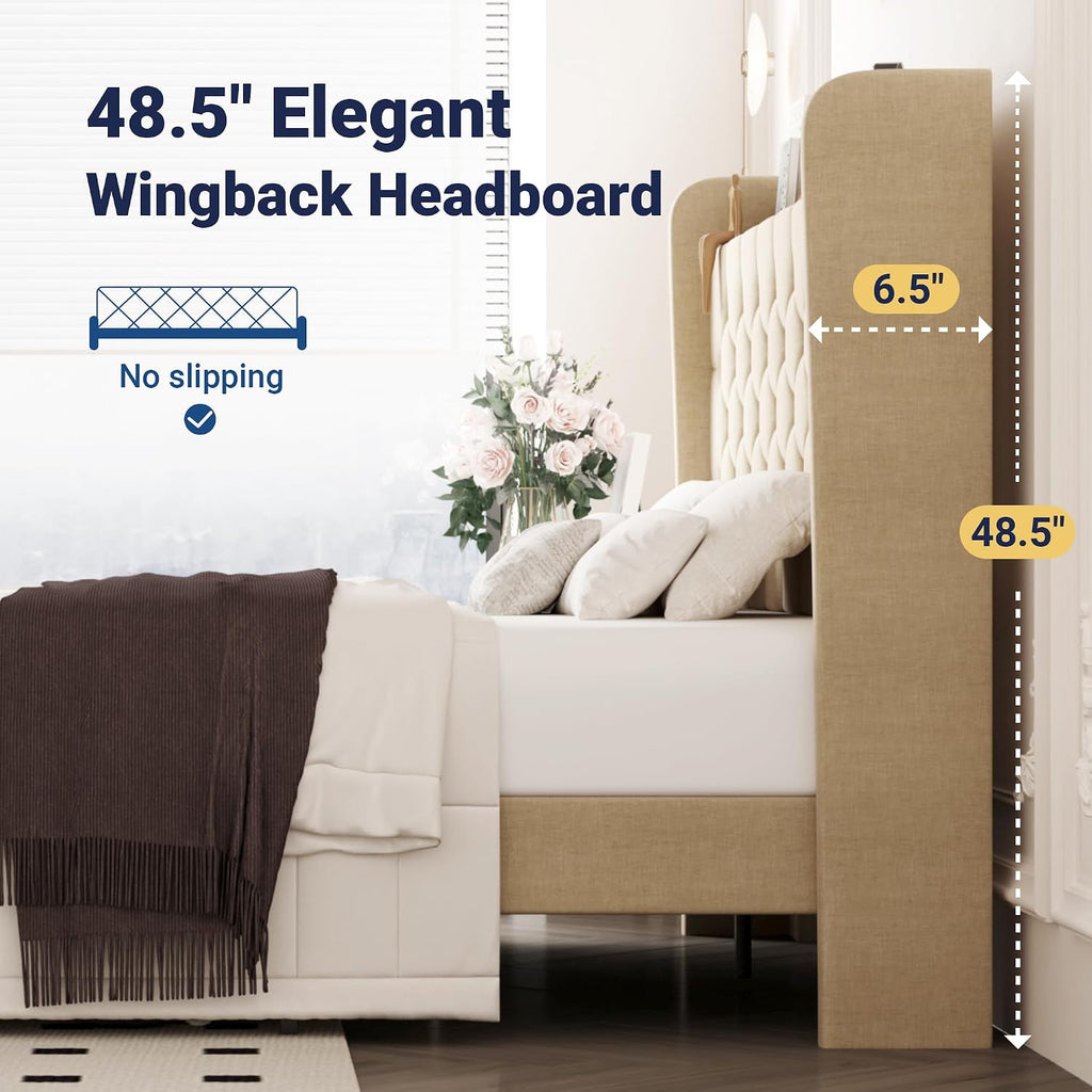 Allewie Full Size Bed Frame, Storage Headboard with Charging Station, Wingback Linen Upholstered, Diamond Stitched Button Tufted, Sturdy Wooden Slats, No Box Spring Needed, Easy Assembly, Beige