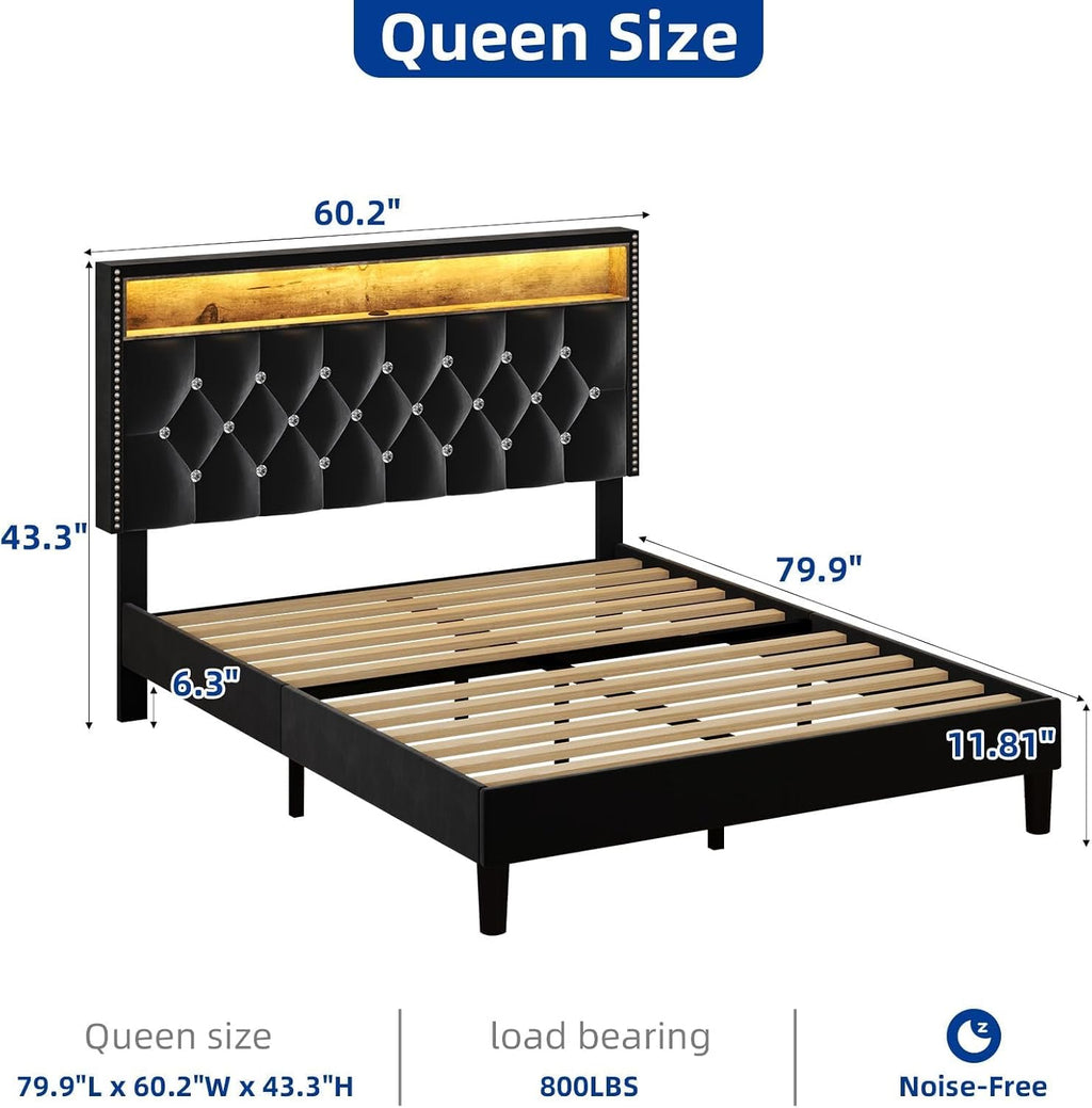 HOMBCK Queen Size Bed Frames with LED Lights and Headboard, Velvet Upholstered Beds Frames Queen with Charging Station and Storage, Modern Diamond and Rivet Design, No Box Spring Needed, Black