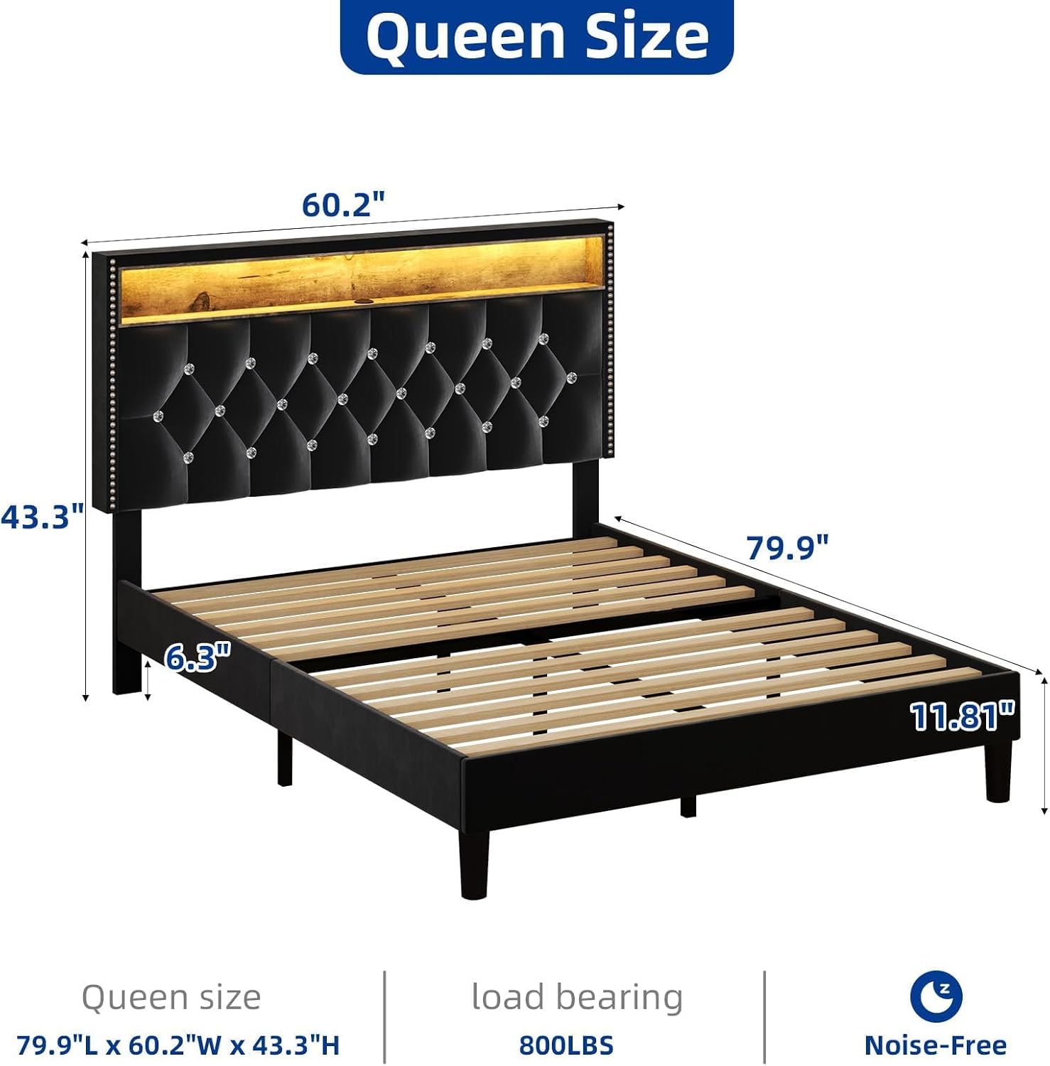 HOMBCK Queen Size Bed Frames with LED Lights and Headboard, Velvet Upholstered Beds Frames Queen with Charging Station and Storage, Modern Diamond and Rivet Design, No Box Spring Needed, Black