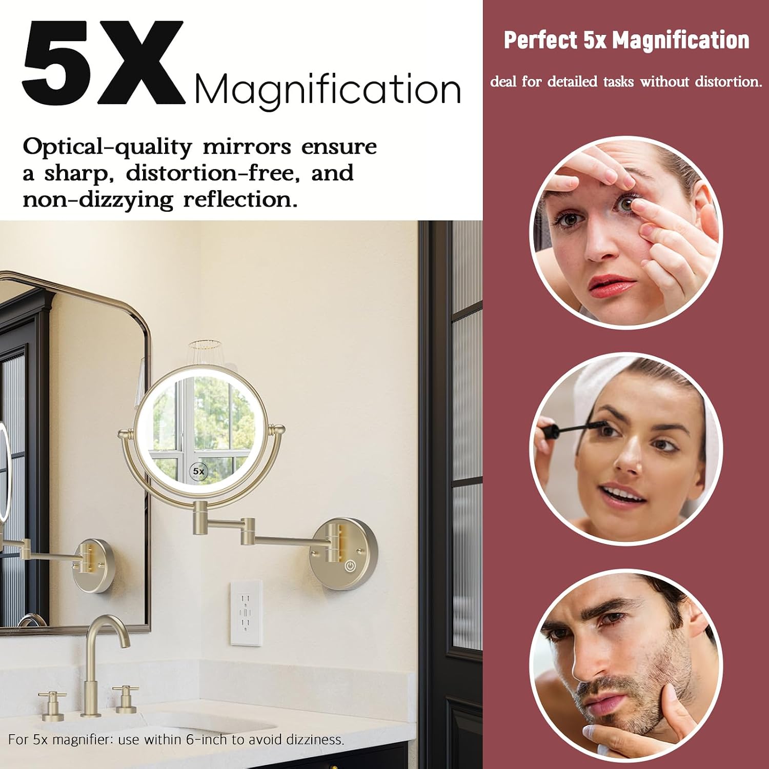 8' Rechargeable Brass Wall Mounted Magnifying Mirror with Lights, 1X/5X Cordless Double Sided 3-Colors LED Touch Dimmable Extended 360 Rotation Vanity Mirror for Bathroom, Satin Brushed Gold