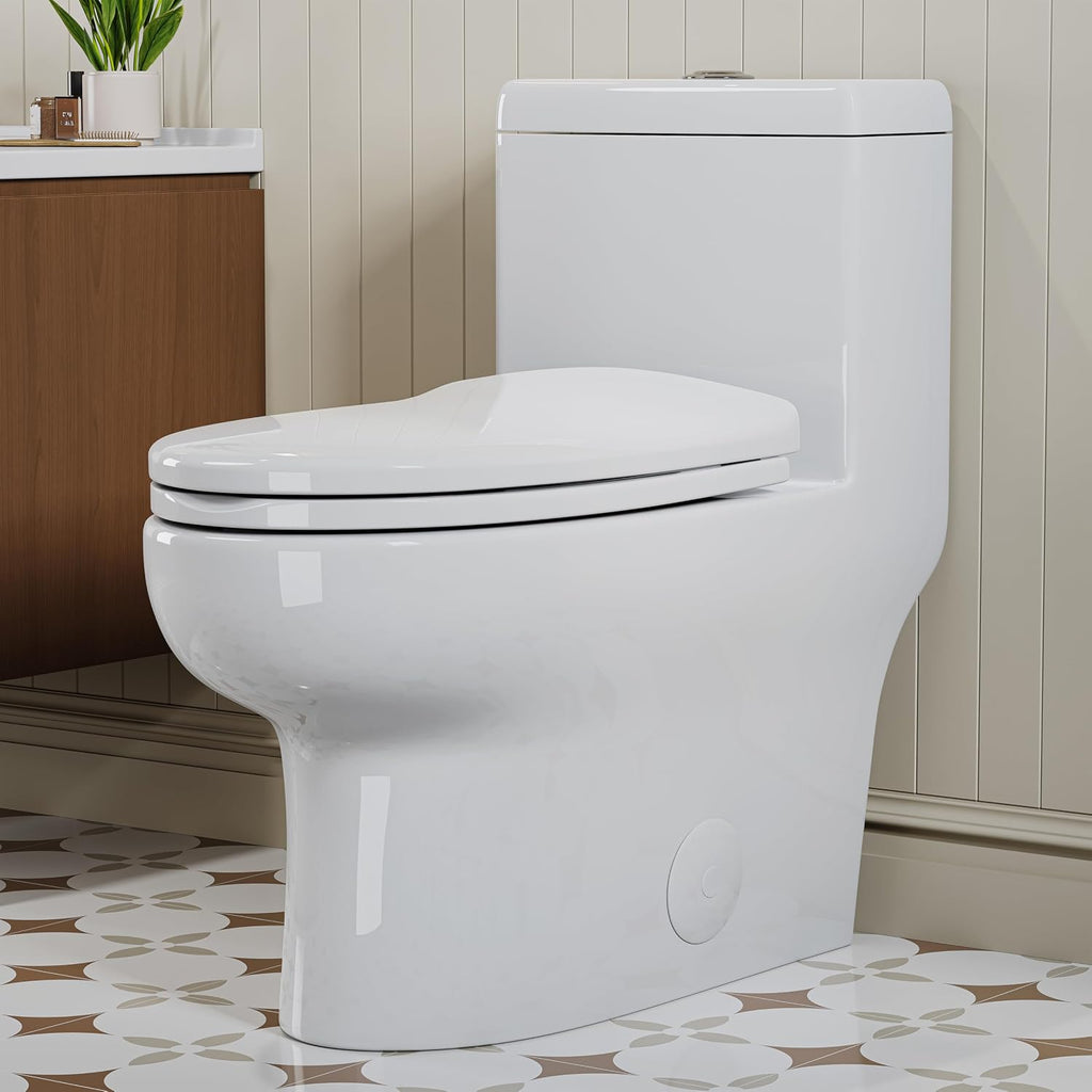HOROW Compact One Piece Toilet, Dual Flush Elongated Toilet with Soft Close Seat, High-Efficiency Supply, Standard Bathroom Toilet 10' Rough-In, White Finish
