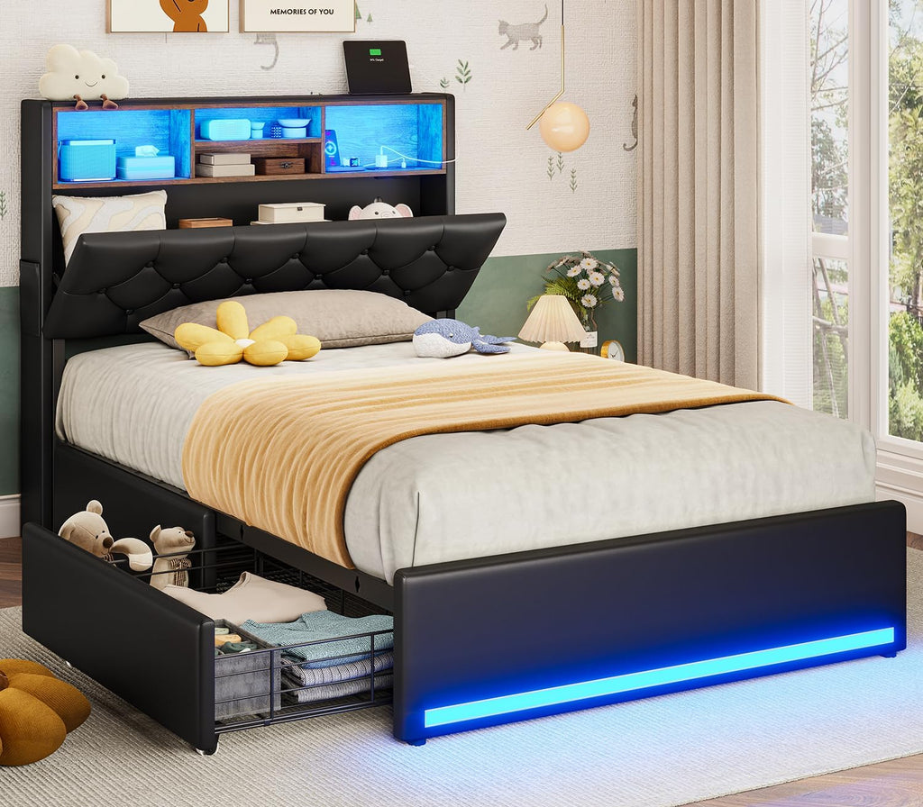 BTHFST Twin Bed Frames with Headboard & 4 Drawers, LED Bed Frame Twin with Charging Station, Upholstered and Metal Twin Bed with Storage, No Box Spring Needed, Black PU