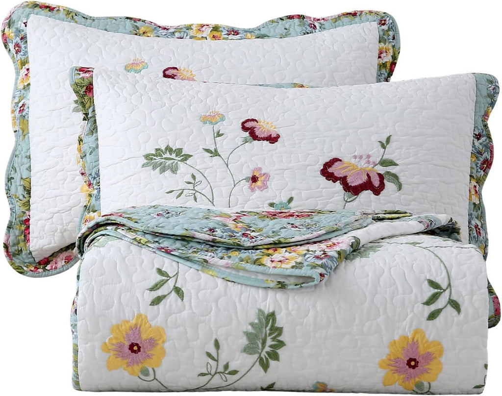 vctops 3-Piece Elegant Floral Embroidered Bedspread Coverlet Set 100% Cotton Reversible Patchwork 1 Quilt and 2 Pillow Shams Full/Queen, Flower G