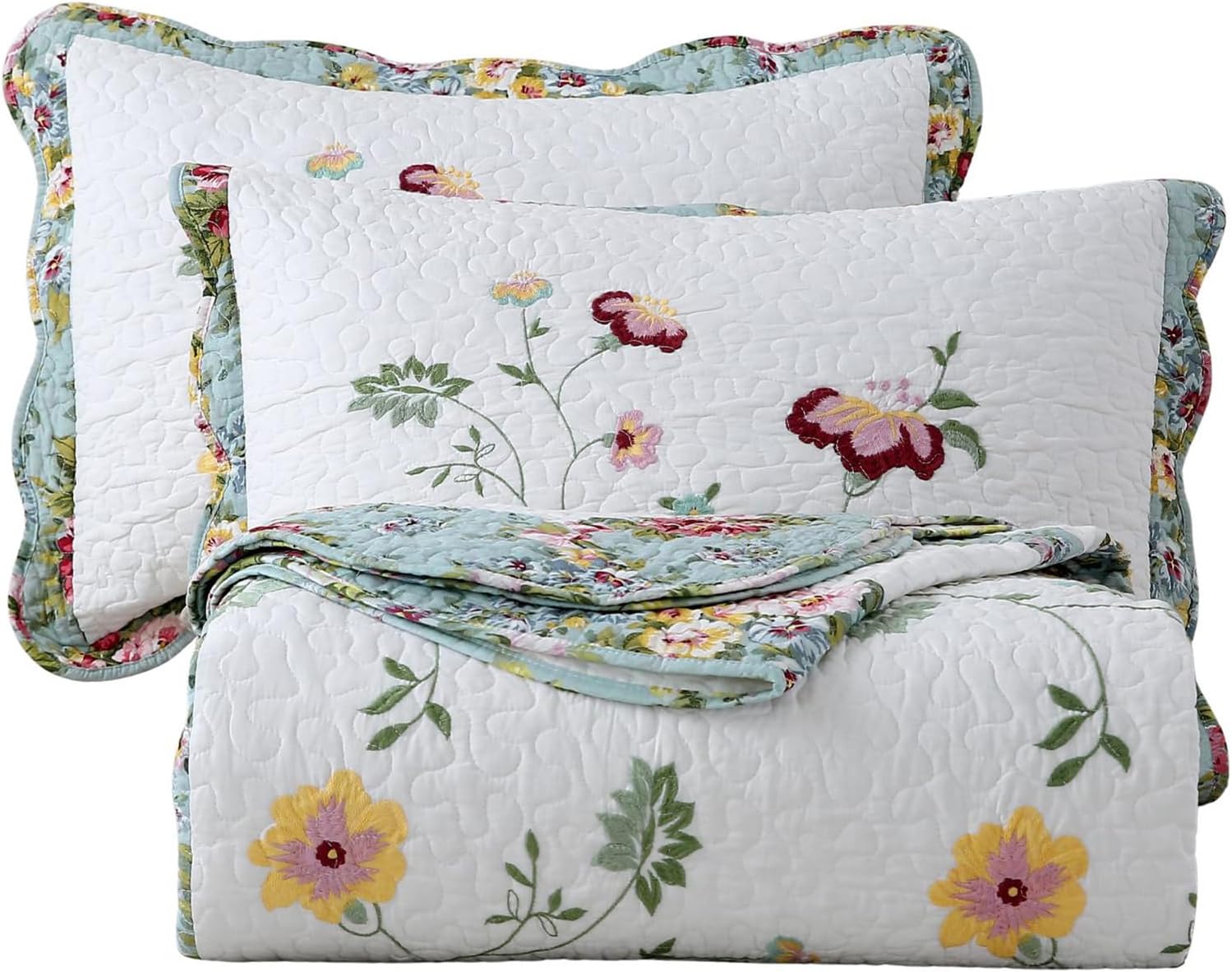 vctops 3-Piece Elegant Floral Embroidered Bedspread Coverlet Set 100% Cotton Reversible Patchwork 1 Quilt and 2 Pillow Shams Full/Queen, Flower G