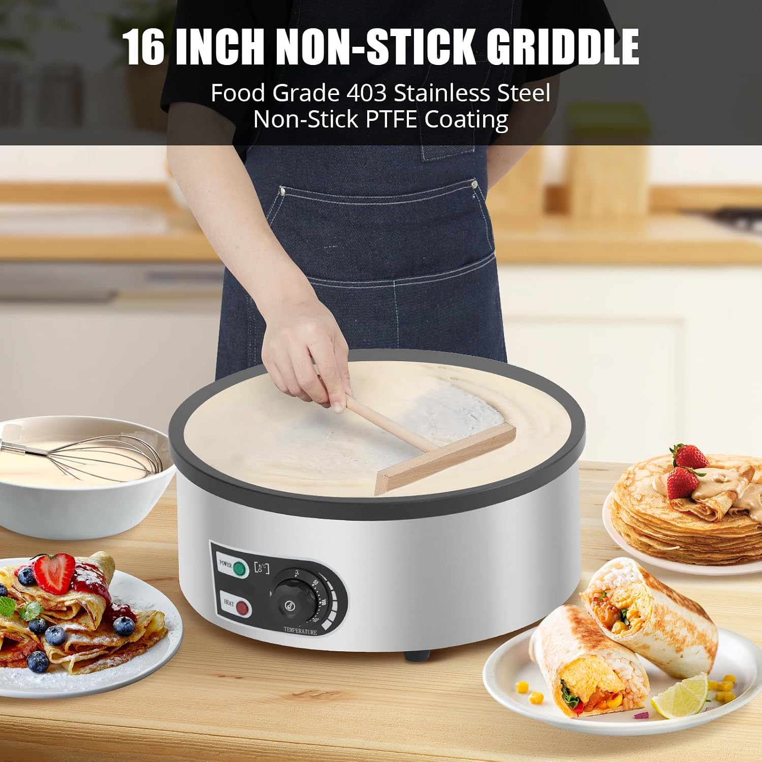 16' Commercial Electric Crepe Maker & Pancake Griddle, 1500W Non-Stick Plate, Stainless Steel Round Base, Adjustable Temp Control, 110V for Crepes Blintzes Eggs Bacon