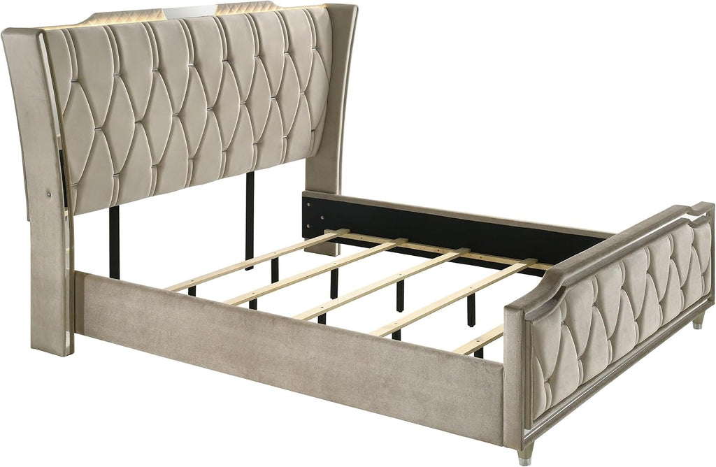Coaster Home Furnishings-Lorient - Wood - 4-Piece Bedroom Set with LED Wingback Bed, USB Port, Traditional Style and Tufted Crown Details - Bedroom - California King Size - Ivory & Camel - 222661KW-S4
