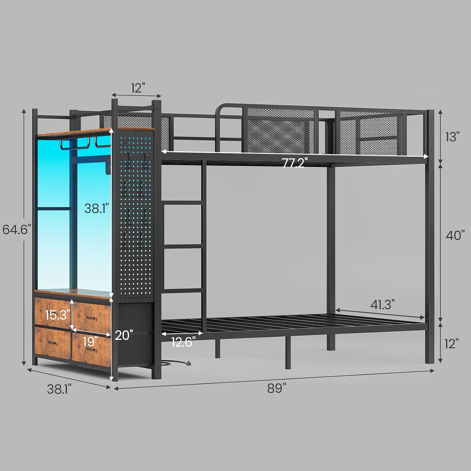 Itaar Metal Bunk Bed Twin Over Twin with Hall Tree, Power Outlet, LED Bunk Bed with 4 Storage Drawers, Bed with Safety Guardrail & Ladders, No Box Spring Needed, Easy Assembly, Rustic Brown