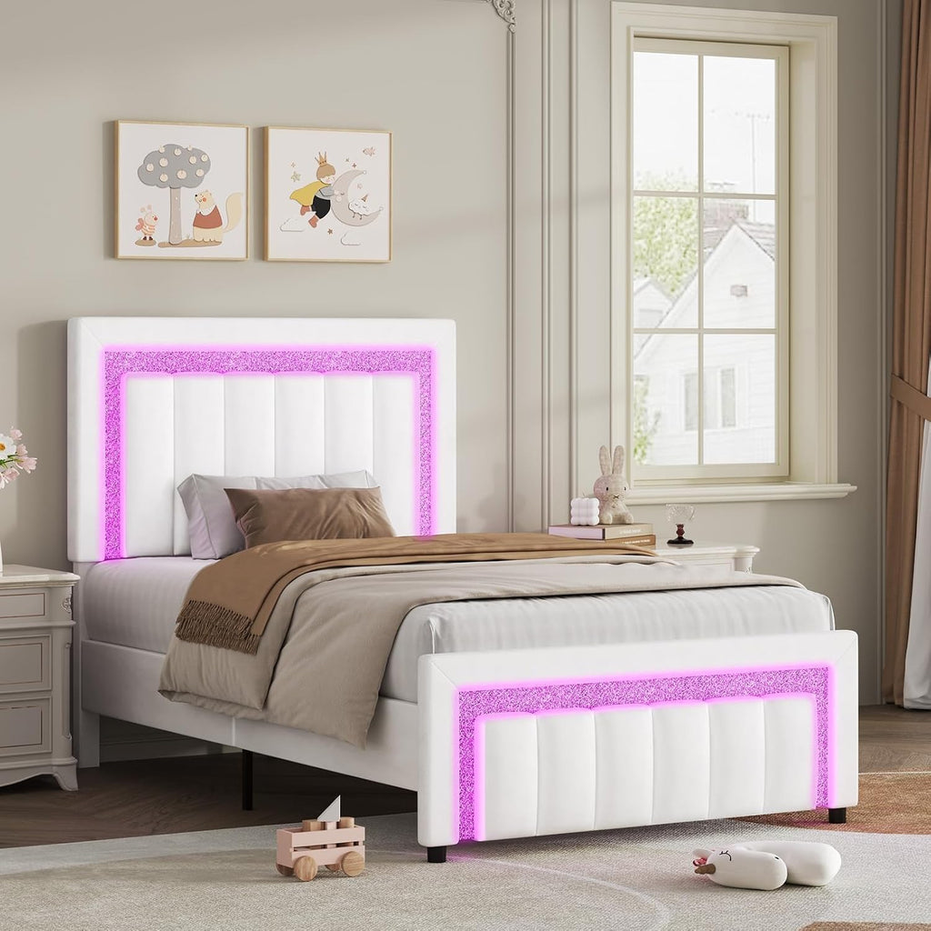 HOMBCK Twin Bed Frame with LED Lights and Velvet Upholstered Adjustable Headboard, Twin Size Bed Frames with Diamond Headboard & Footboard, Wood Slats Support, Noise Free, No Box Spring Needed, White
