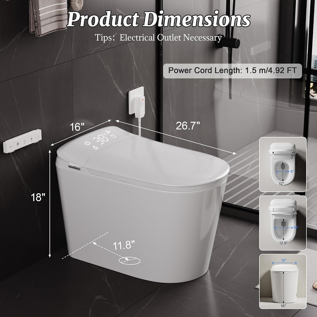 Luxury Smart Bidet Toilet with Tank, Foam Shield, Dual Auto Flush/Lid&Seat, Foot Sensor, UV-C light, Electric Modern One Piece Toilets for Bathroom with Siphon Dual Flush 0.8/1.2 GPF