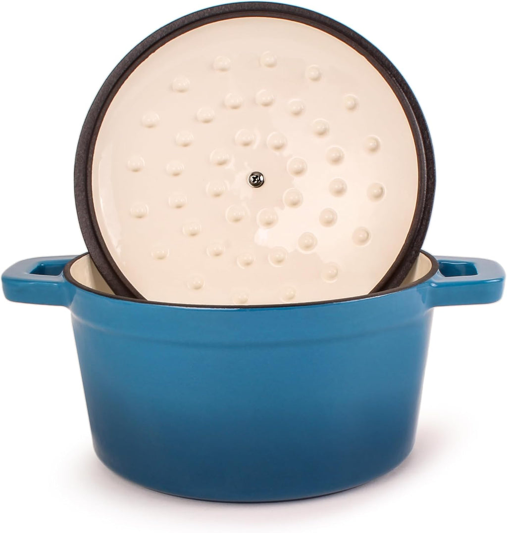BergHOFF 3Pc Neo Enameled Cast Iron Cookware Set, 3qt. Dutch Oven, Matching Lid, Square Grill Pan 11 Inches, Oven Safe Up To 400°F, Blue