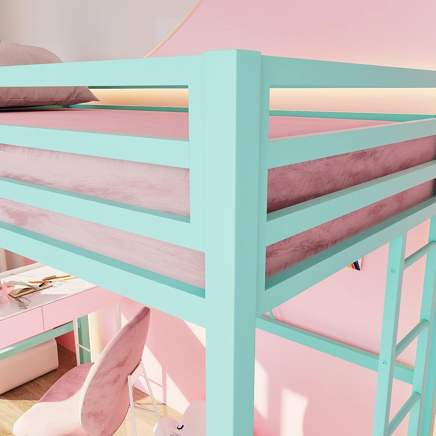 ikalido Metal Loft Bed Twin Size with Safety Guardrail and Ladder, No Box Spring Needed Space Saving Bedroom Furniture, Aqua Green