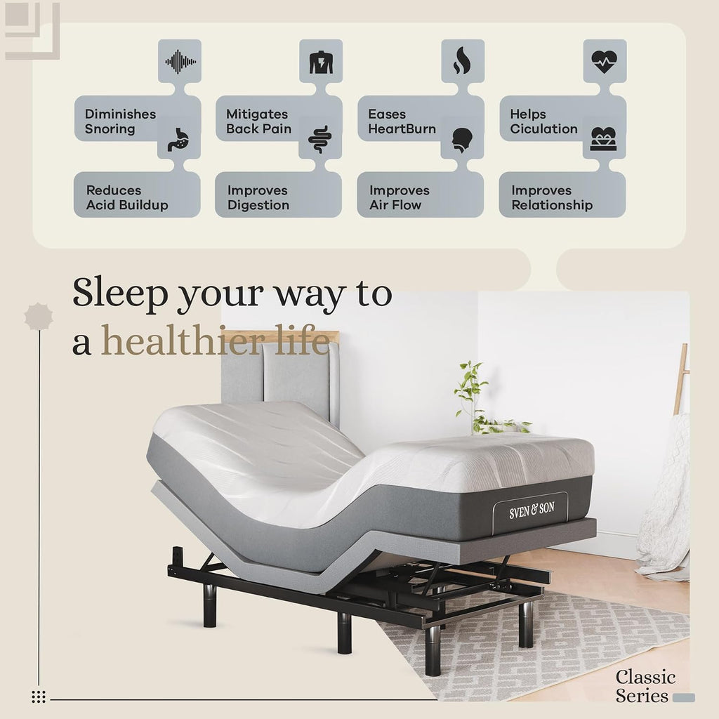 Sven & Son Classic Adjustable Bed Base, Head and Foot Lift, Massage, Under-Bed Lights, USB, Gel Memory, Zero Gravity Smart Frame - Twin XL + 12 inch Memory Foam Matt (Medium)