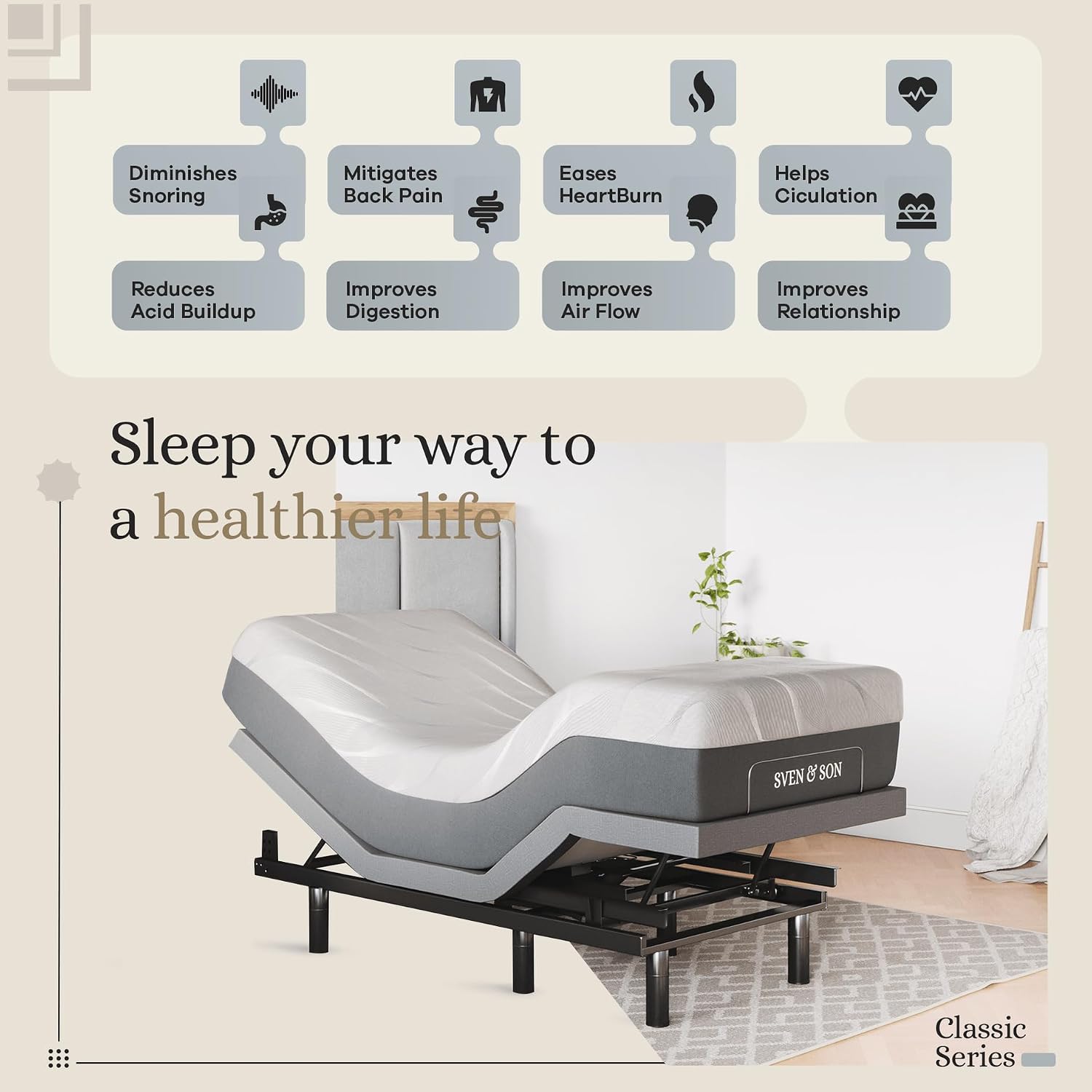 Sven & Son Classic Adjustable Bed Base, Head and Foot Lift, Massage, Under-Bed Lights, USB, Gel Memory, Zero Gravity Smart Frame - Twin XL + 12 inch Memory Foam Matt (Medium)