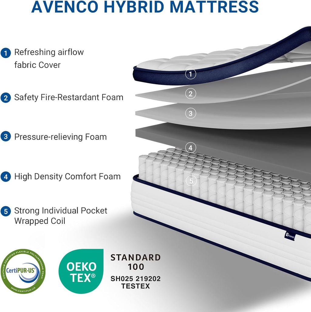 Avenco Queen Mattress, 10 inch Queen Size Mattress with Smarts™ Coil Individual Pocket Spring for Silent Sleep and Strong Edge Support, Mattresses in a Box CertiPUR-US Certified