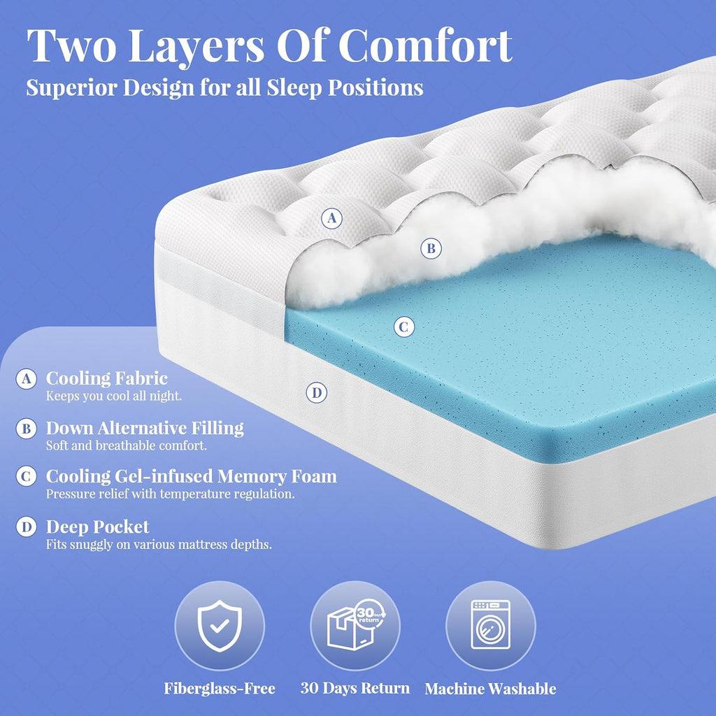 OhGeni Cooling 4 Inch Twin Size Dual Layer Mattress Topper 2 Pack, 2 Inch Gel Memory Foam, 2 Inch Soft Pillow Top Pad, Washable Bedroom Cover for Kids Mattresses, Sleep Comfort and Back Pain Relief
