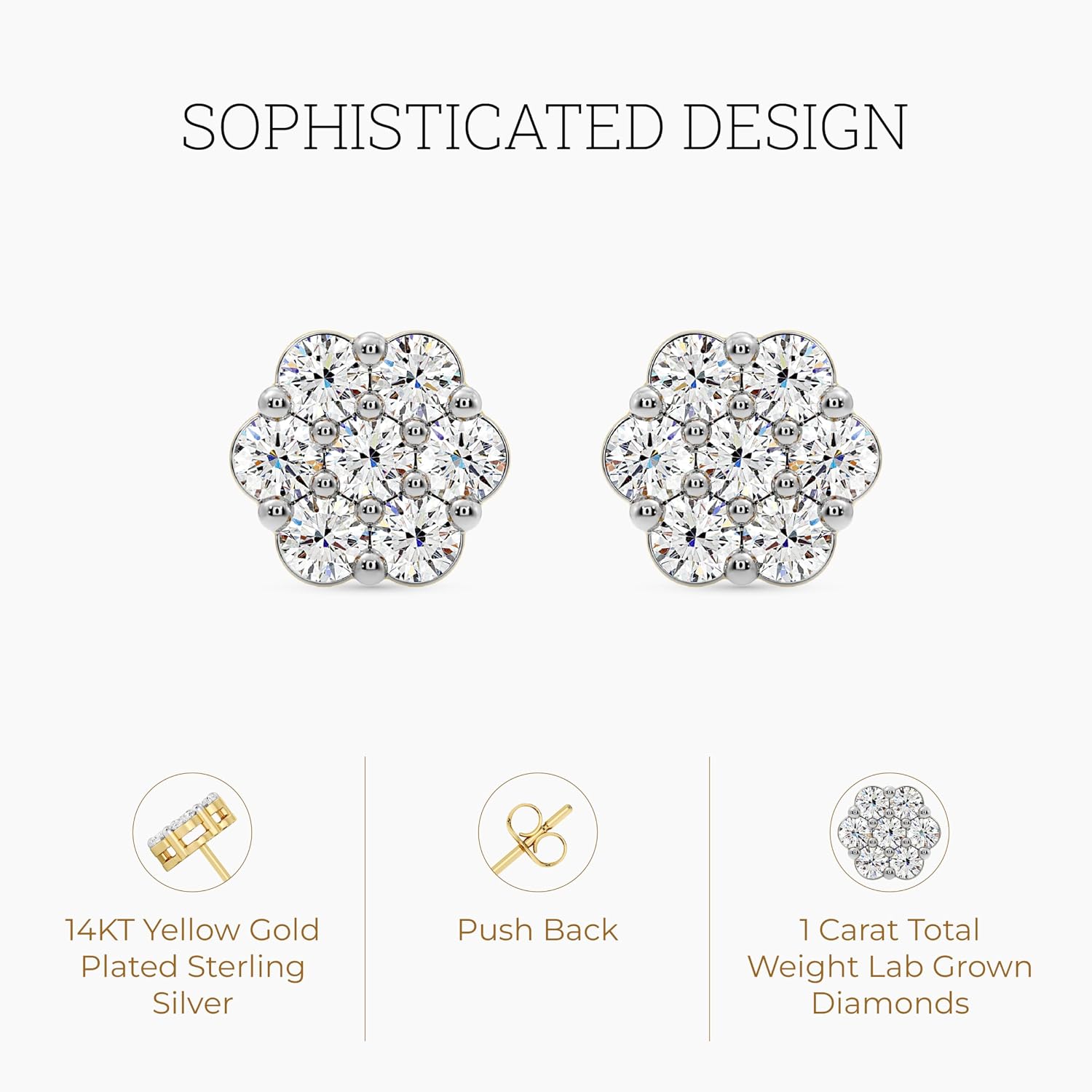 Gilded Lab-Grown Diamond 7 Stone Flower Earrings for Women in 925 Sterling Silver and 14KT Yellow Gold Plated Silver | Hypoallergenic Fine Jewelry | Hinged Closure | SI1 Clarity, F Color |1/4,1/2, 1,2 Carat Total Weight