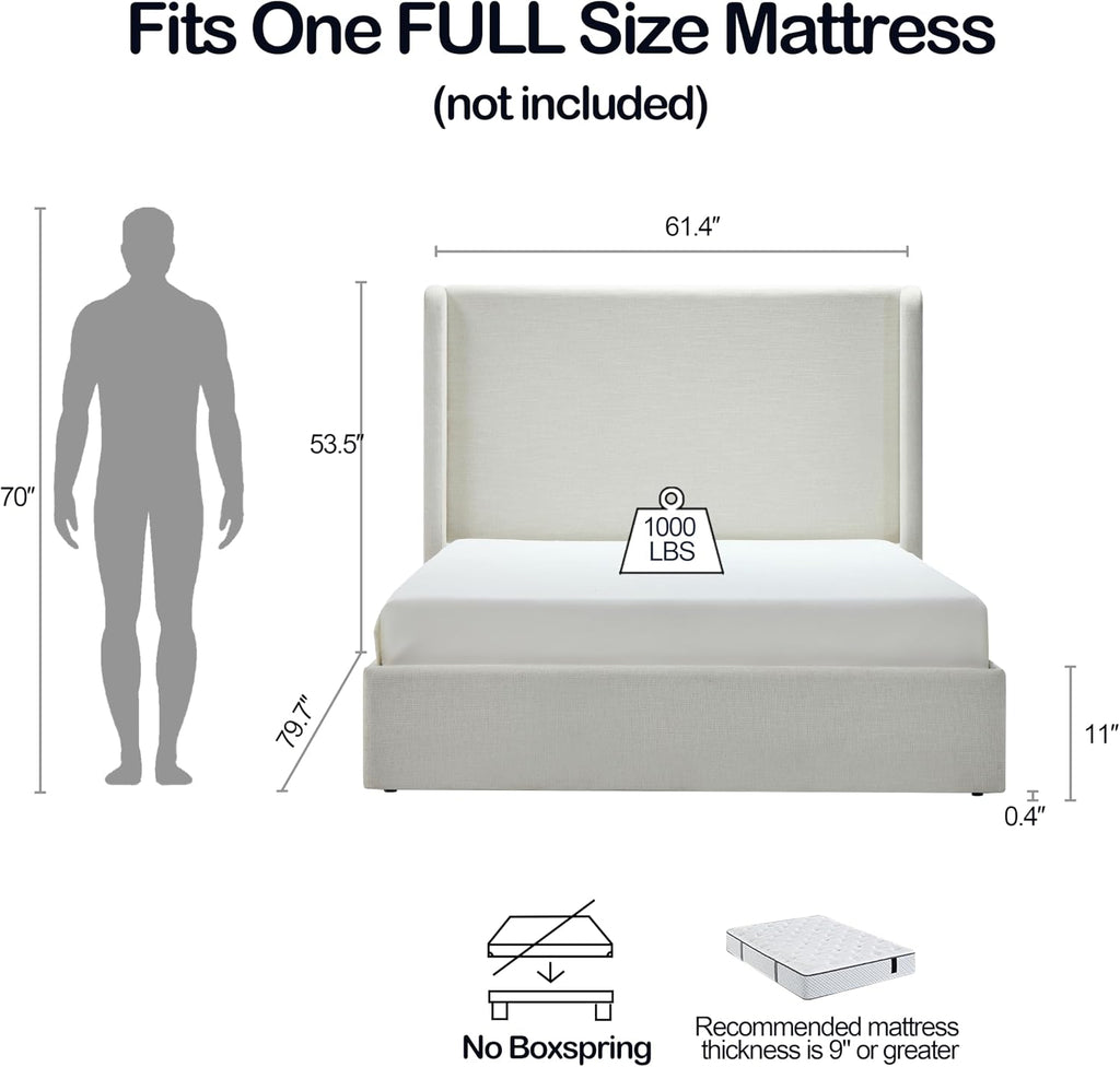 Full Size Upholstered Platform Bed Frame, 53.5' High Headboard Carmen Wingback Beds, Tall Headboard King Floor Bed Frames, No Box Spring Needed No Noise, Minimalist, Textured Ivory