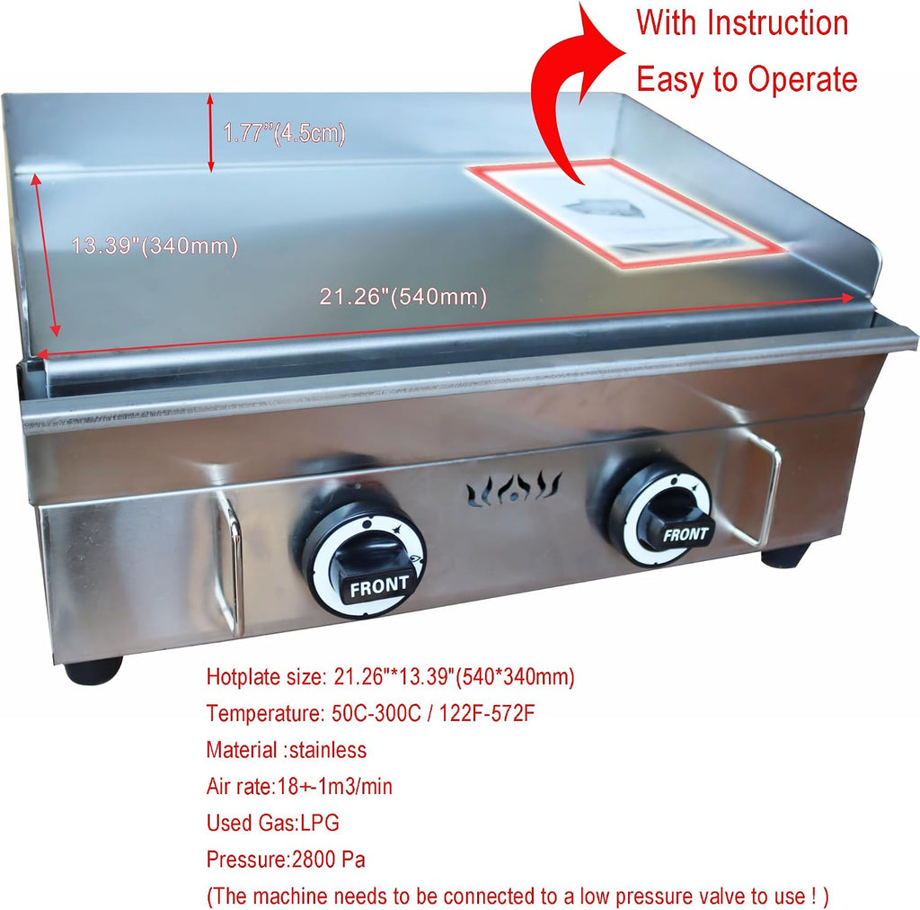 LPG Gas Grill Griddle 2 Burners Camp Countertop Stainless Steel Flat Cooking Grill 2800Pa Hot Plate Stove Outdoor Kitchen Pancakes Maker Machine with Adjustable Temperature Control