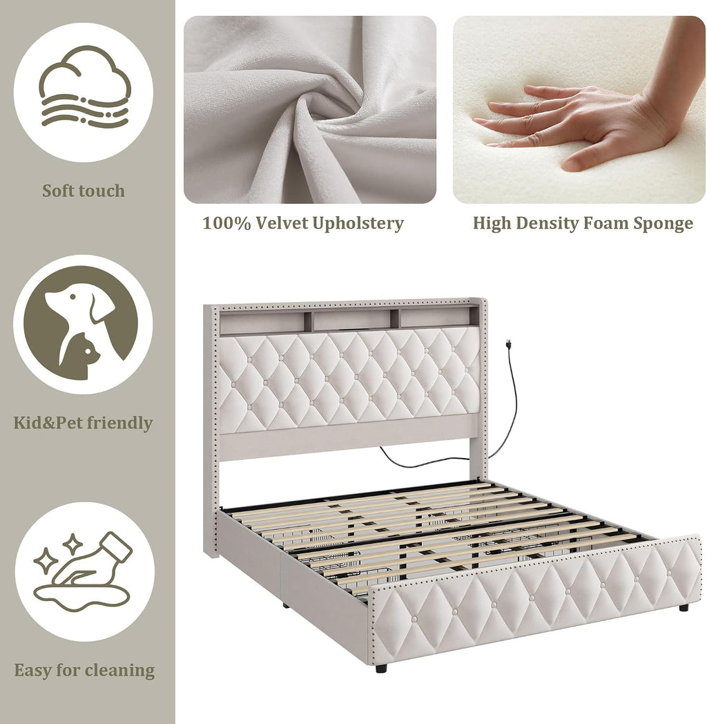 GarveeHome Queen Bed Frame with 50.8 in Tall Headboard, Platform Velvet Upholstered Bed Frame with 4 Storage Drawers, USB Charging Station, Led Lights, No Box Spring Needed, Easy Assembly, Beige