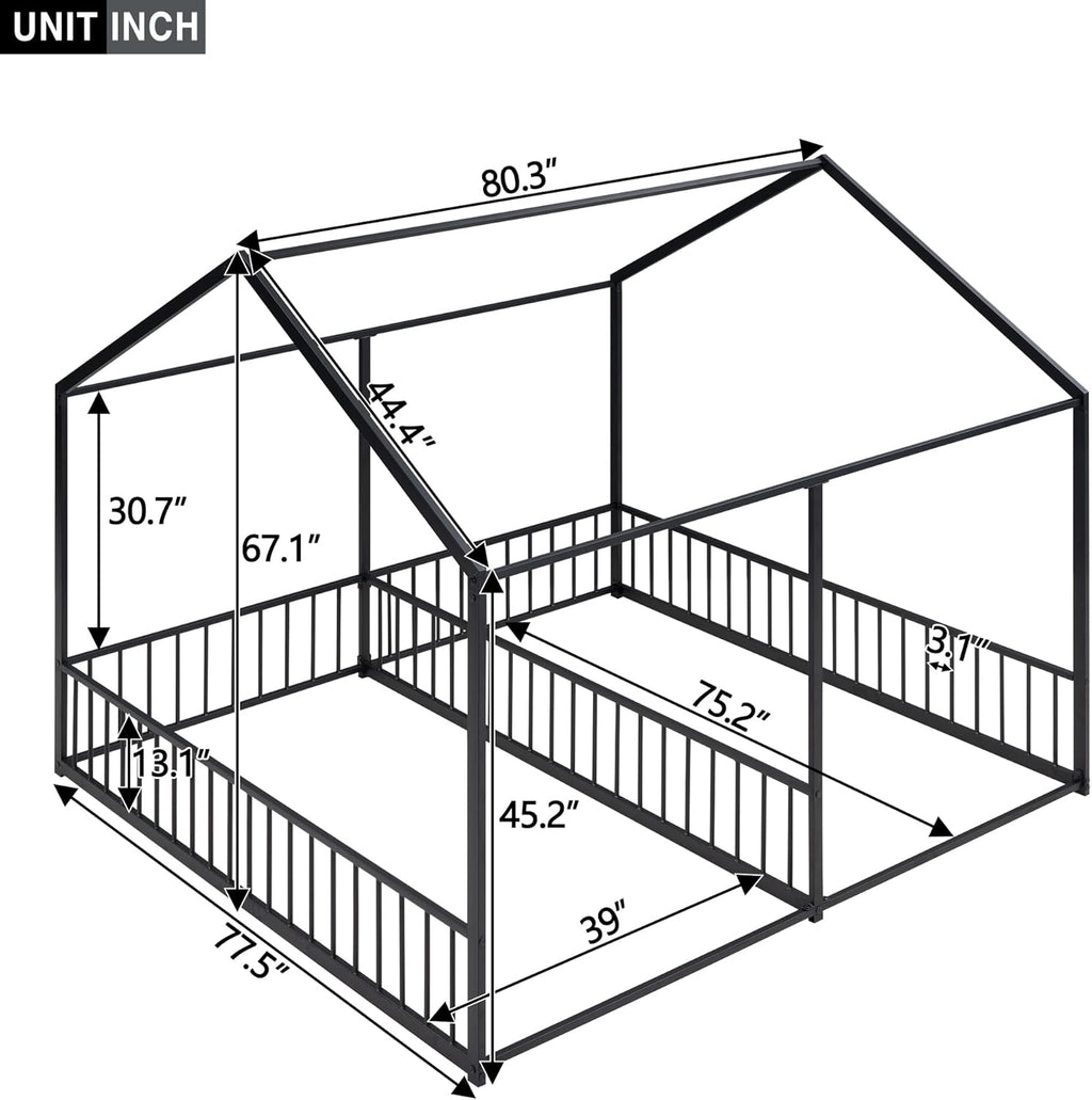 Double Floor Bed for Twins,Twin Size House Bed for 2 Kids,Two Shared Beds,Twin House Platform Beds,Metal Floor Bed Frame with Rails for Girls,Boys(Black)