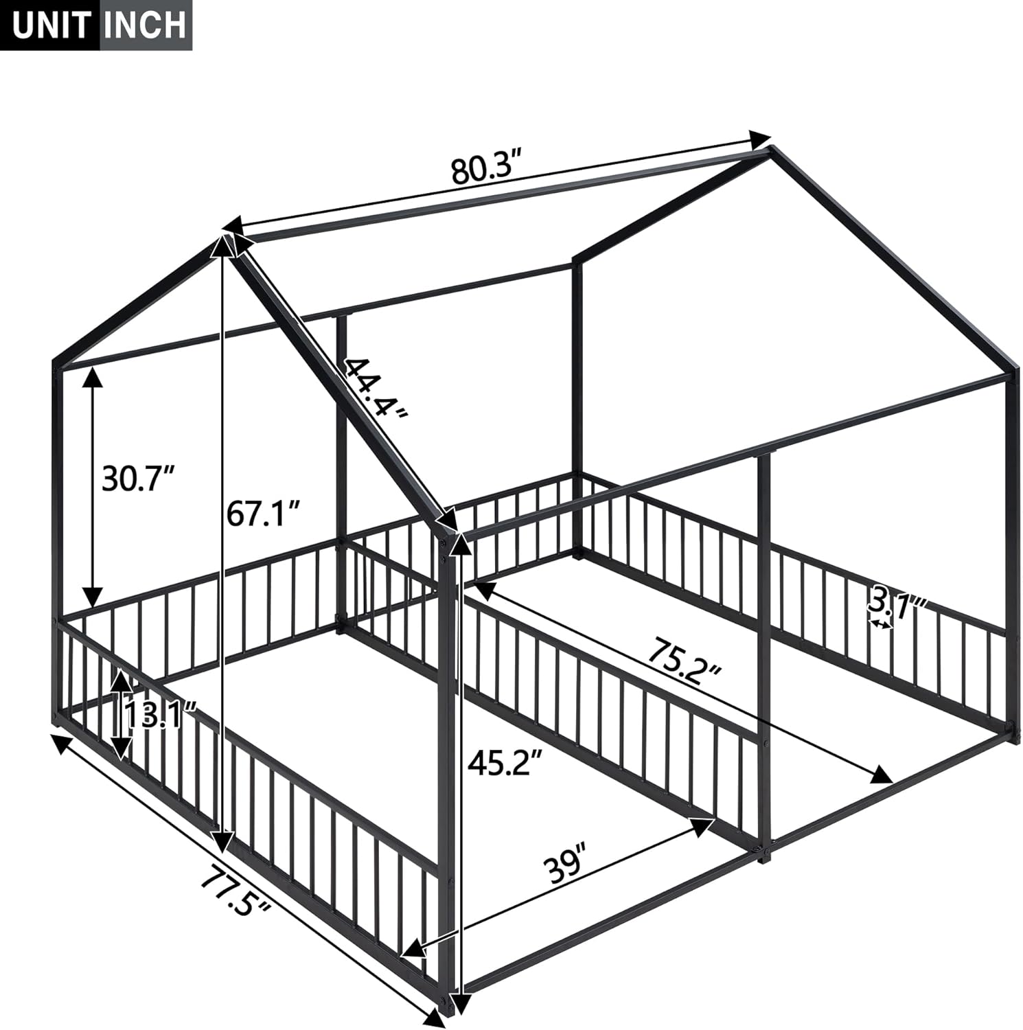 Double Floor Bed for Twins,Twin Size House Bed for 2 Kids,Two Shared Beds,Twin House Platform Beds,Metal Floor Bed Frame with Rails for Girls,Boys(Black)