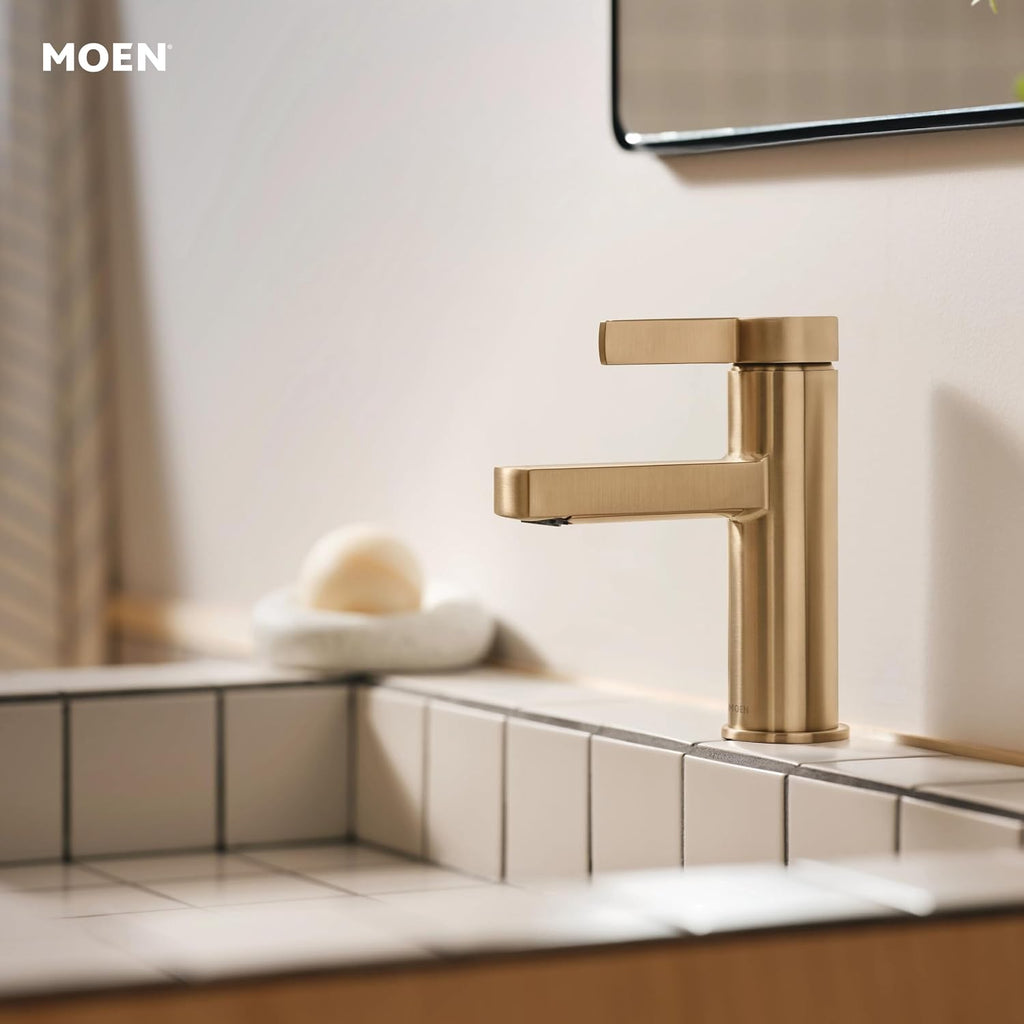 Moen Beric Bronzed Gold Modern One-Handle Single Hole Bathroom Faucet with Drain Assembly and Optional Deckplate for Your Bath Sink, 84774BZG