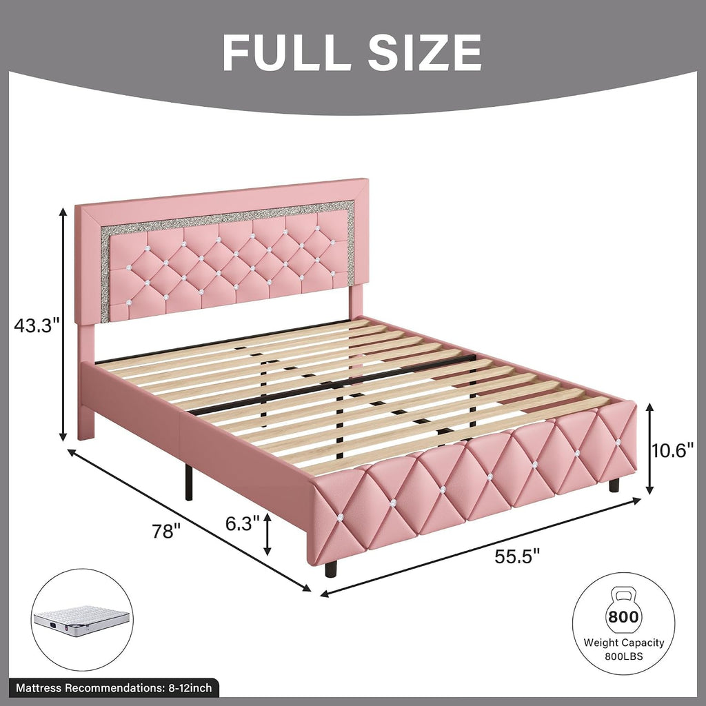 BarnFurin Full Size Bed Frame, Upholstered Platform Bed with Button Tufted Headboard, Princess Bed Frame with Diamond Design, No Box Spring Required, Easy Assembly, Pink
