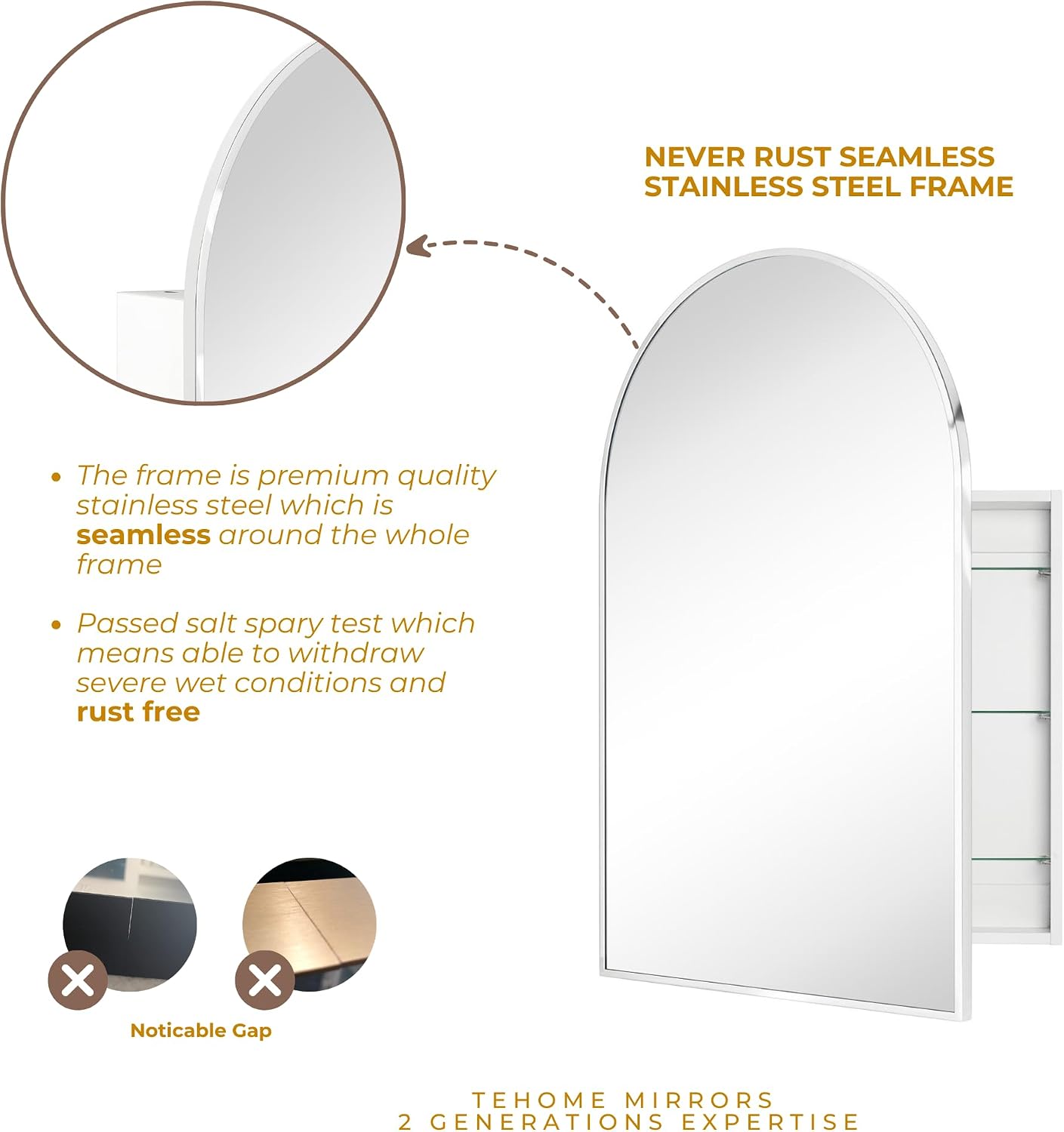 TEHOME 20 x 30'' Polished Nickel Arched Bathroom Medicine Cabinet with Mirror Recessed and Surface Mount Medicine Cabinet Mirror