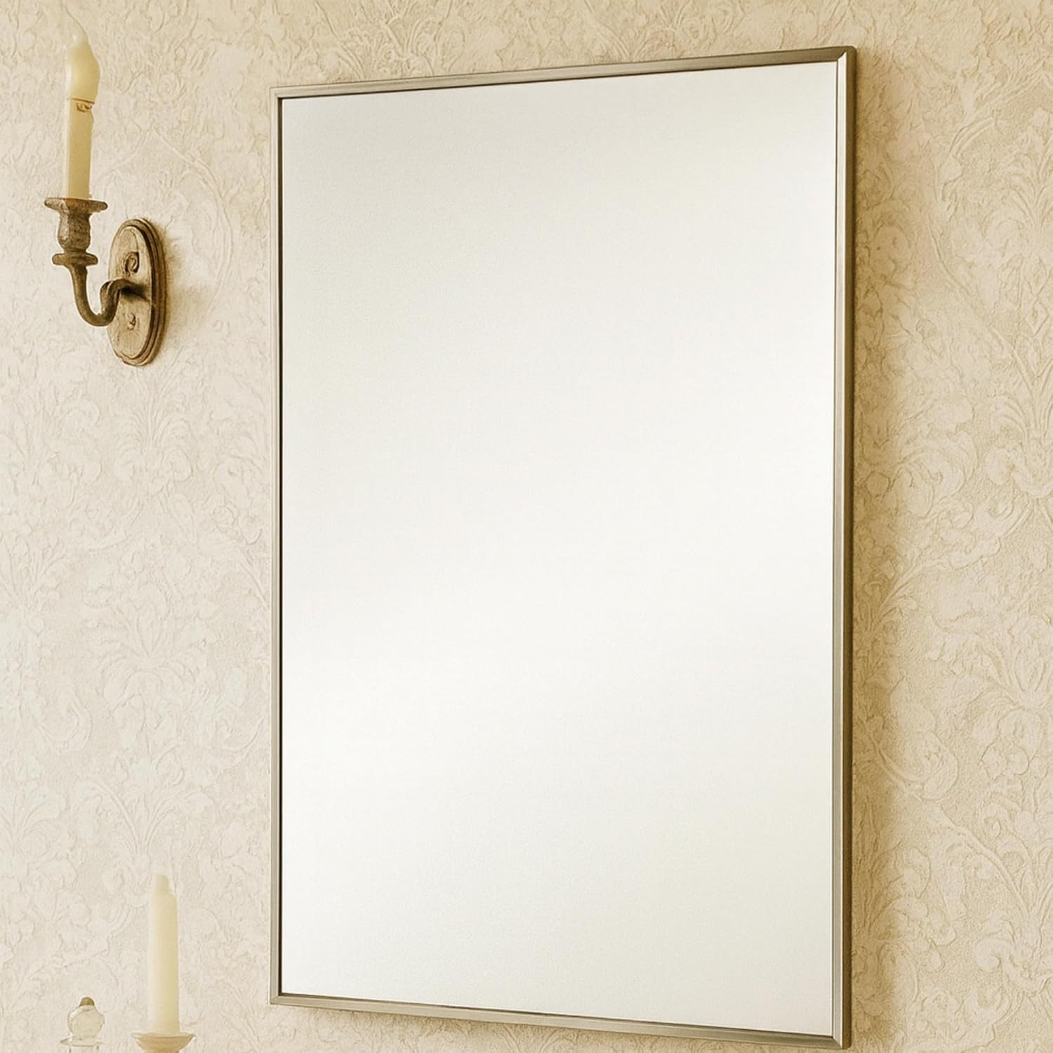 TEHOME 24'' x 30'' Brushed Nickel Recessed and Surface Mount Bathroom Nickel Medicine Cabinet with Mirror Square Cornered Metal Framed Rounded Rectangle Medicine Cabinet Mirror