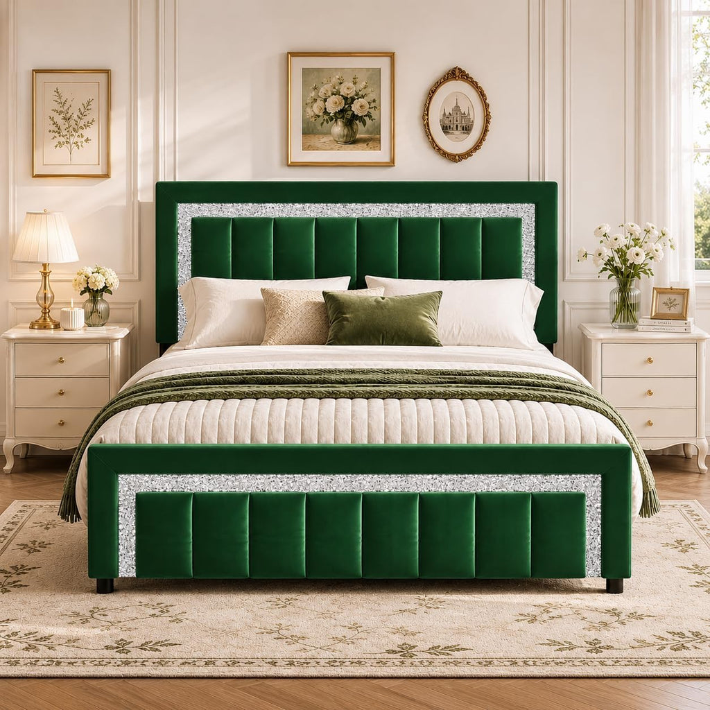 HOMBCK Full Bed Frame with Diamond Headboard and Footboard, Velvet Upholstered Bed with Wooden Slats Support, No Box Spring Needed, Easy Assembly, Green