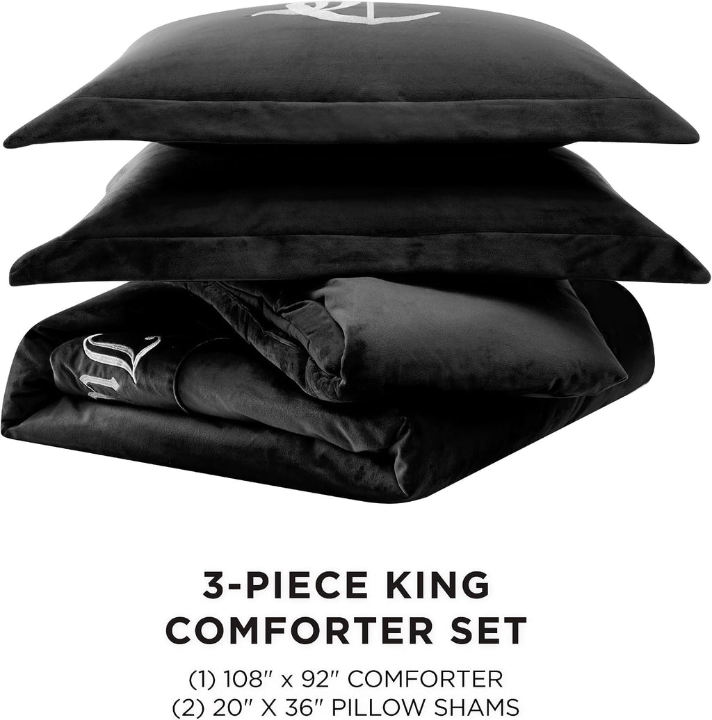 Juicy Couture - Comforter Set - Gothic Design Bedding - King - 3 Piece Set Includes (1) 108' x 92' Comforter and (2) 20' x 36' Shams - Wrinkle Resistant - Premium Bedroom Decor - Black