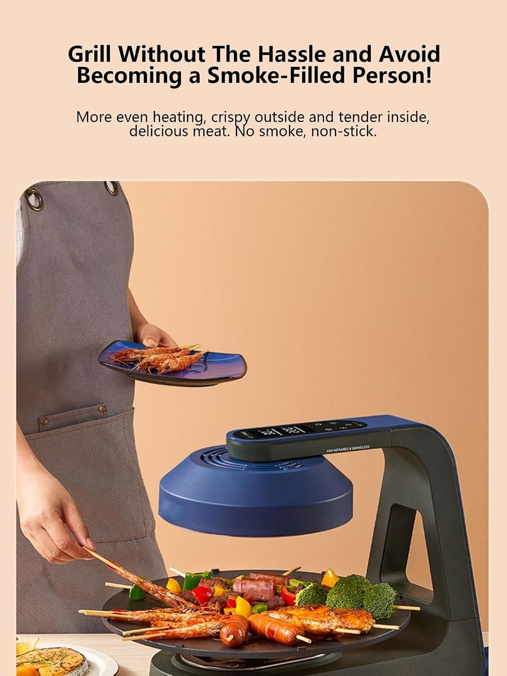 Electric Smokeless Grill Indoor Electric Grill 360° Auto-Rotate Temperature Control Non-Stick Removable Grill Griddle Plates for Home Party Camping