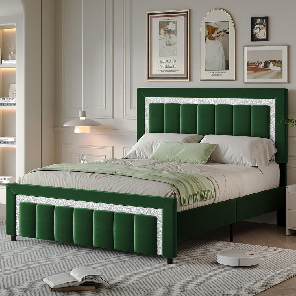 HOMBCK Full Bed Frame with Diamond Headboard and Footboard, Velvet Upholstered Bed with Wooden Slats Support, No Box Spring Needed, Easy Assembly, Green