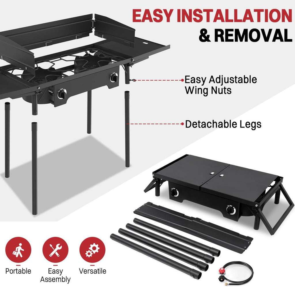 2 Burner Propane Camp Stove | 150,000 BTU Gas Burners | Side Shelves | Windscreen | Waterproof Cover | Detachable Legs | Ideal for Camping Backyard Outdoor Cooking