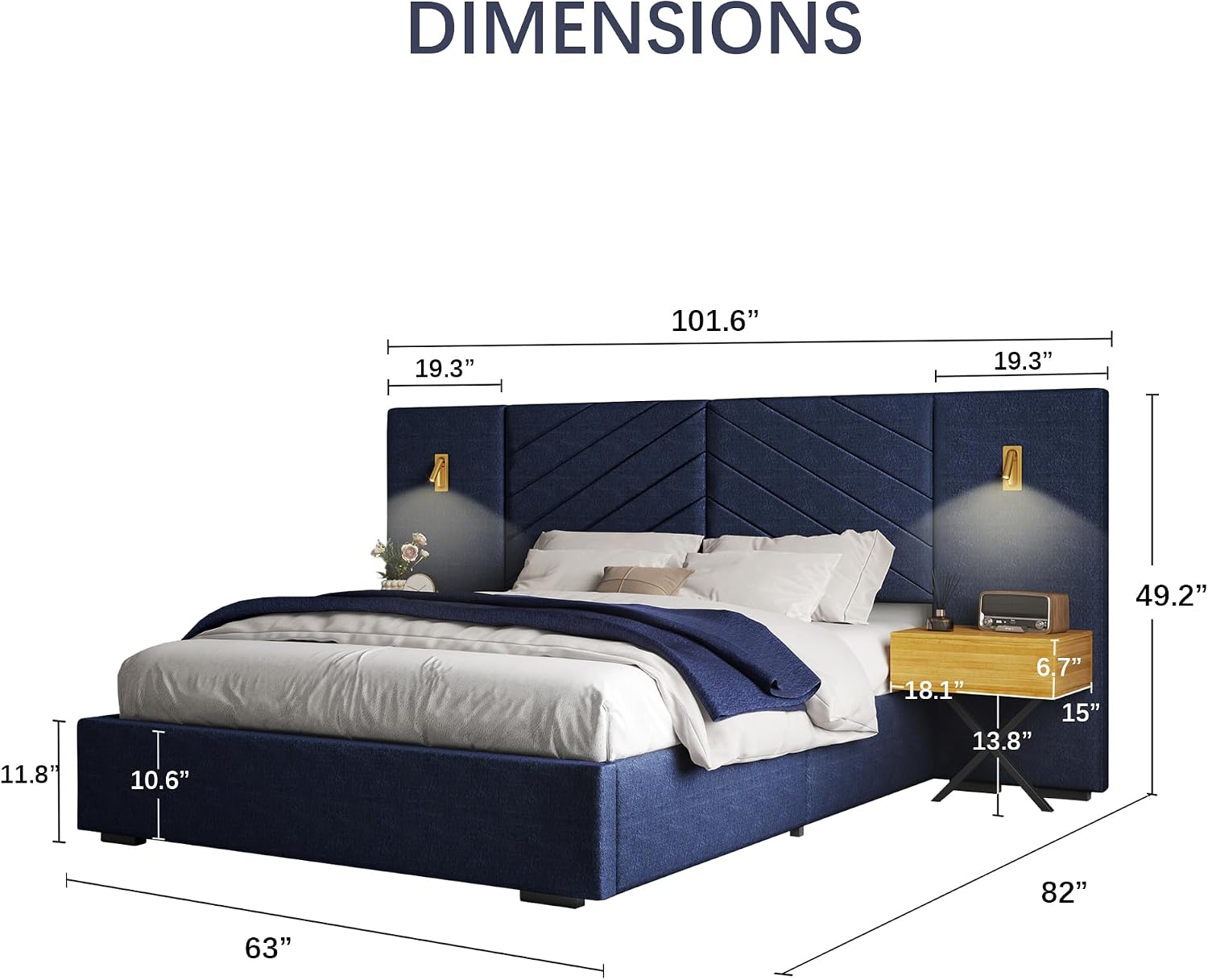 DEINPPA Luxury Bed Frame with Built-in Gold LED Lights and Nightstands, Queen Size Platform Bed with Oversize Upholstered Headboard, No Box Spring Needed-Royal Blue