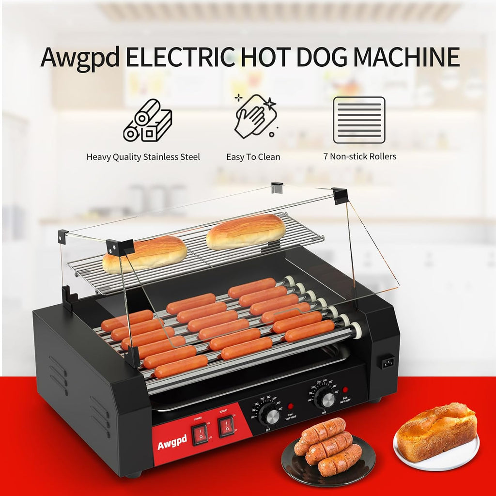 Hot Dog Roller, 18 Hot Dog 7 Rollers, Stainless Steel Hot Dog Cooker, 1050W Commercial Hot Dog Machine with Dual Temp Control, Cover, Removable Shelf & Oil Drip Tray(7 Rollers+Cover)