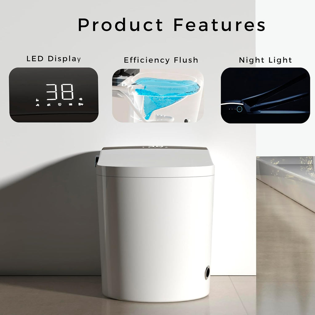 WinZo Elongated Smart Toilet With Bidet Built-in,Auto Open & Flush Auto Soft Close Seat, Hands-Free Adjusted Heated Seat & Warm Air Dyring, White (No Foam Cover Version)