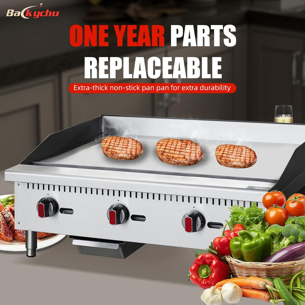 Commercial Gas Griddle - 36' Countertop Griddle. 90,000 BTU Flat Top Griddle, Natural Gas (NG) / Propane, CSA Certified Stainless Steel Teppanyaki Grill for Restaurants