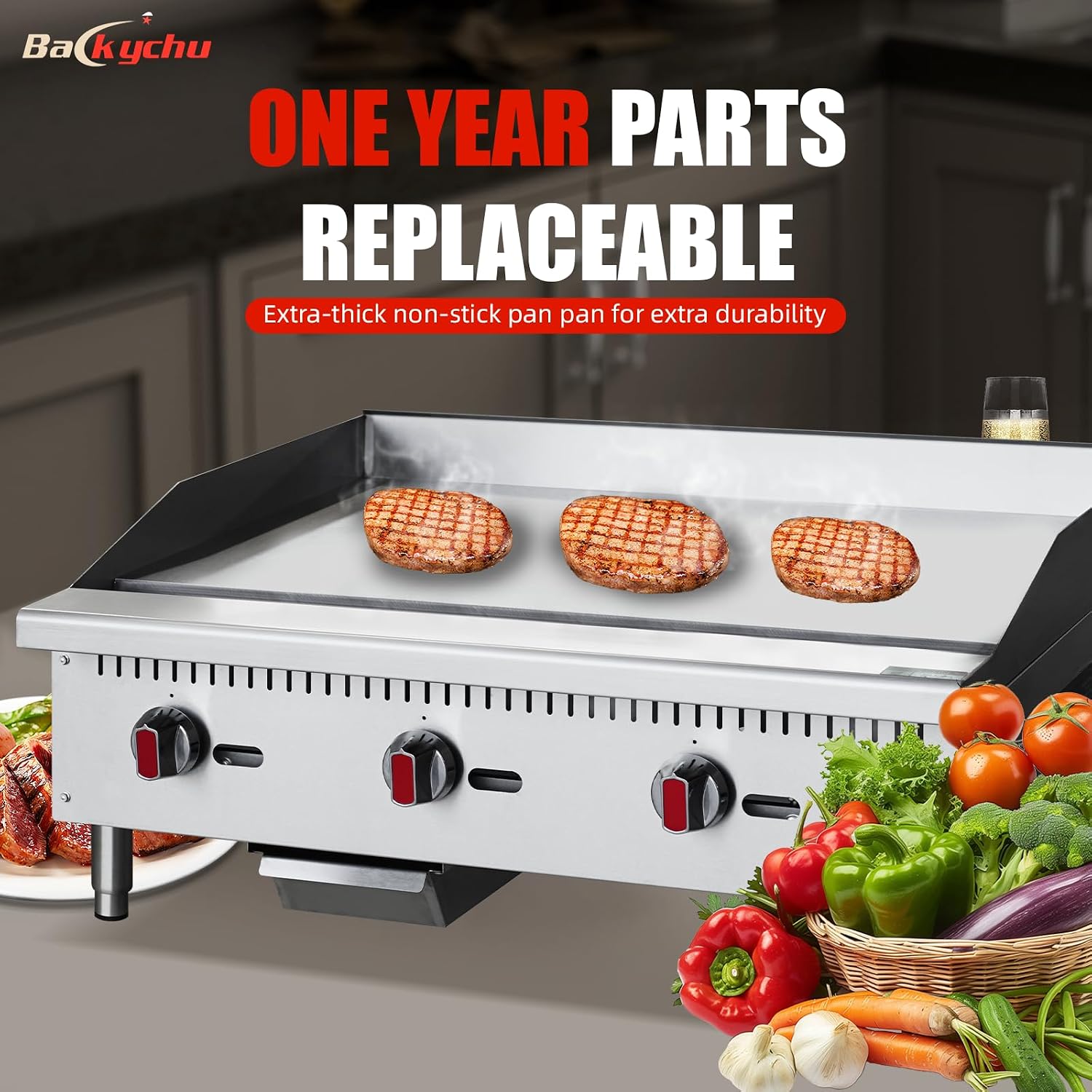 Commercial Gas Griddle - 36' Countertop Griddle. 90,000 BTU Flat Top Griddle, Natural Gas (NG) / Propane, CSA Certified Stainless Steel Teppanyaki Grill for Restaurants