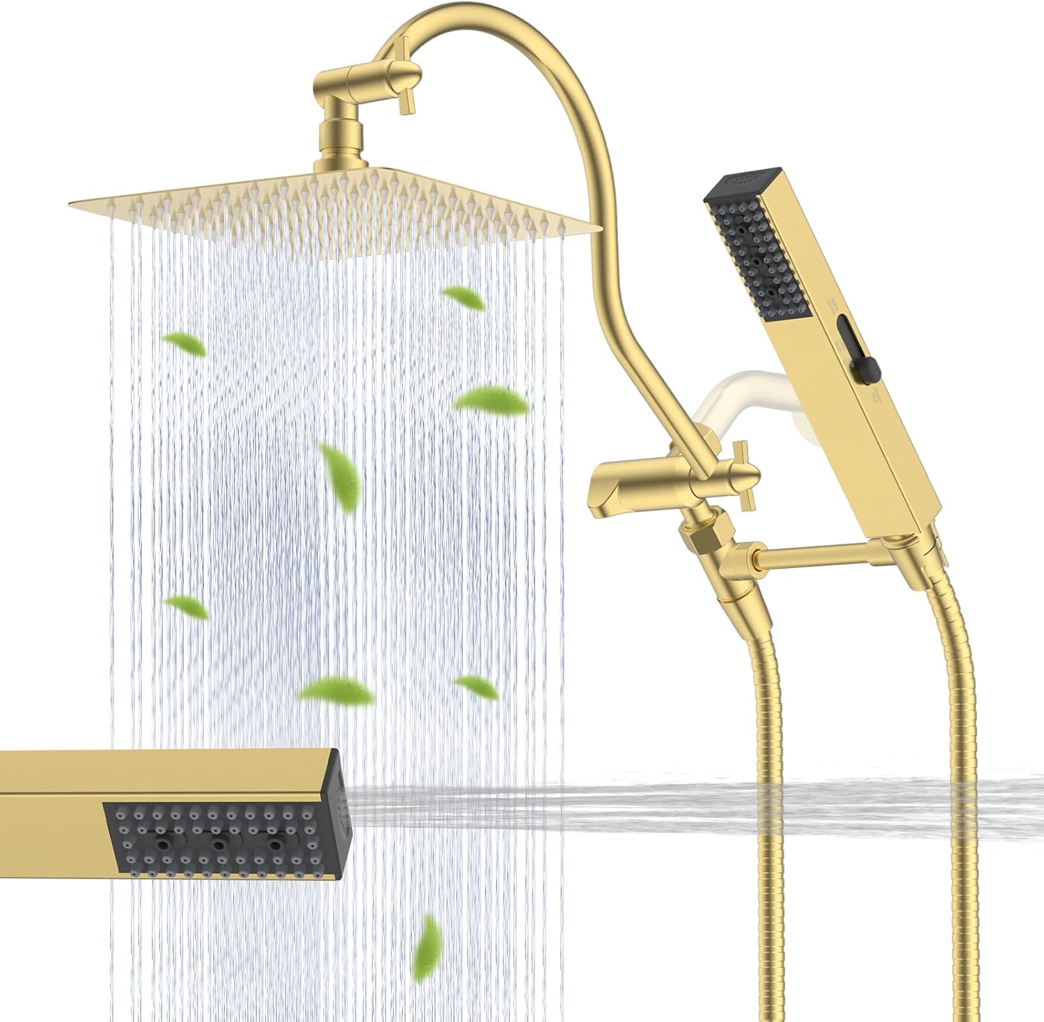 Hibbent All Metal cUPC Certified Shower Head, 10'' High Pressure Rainfall Shower Head Combo, Handheld Shower Wand, 12'' Adjustable Extension Arm, 4-Spray, 71'' Hose, Shower Holder, Brushed Gold