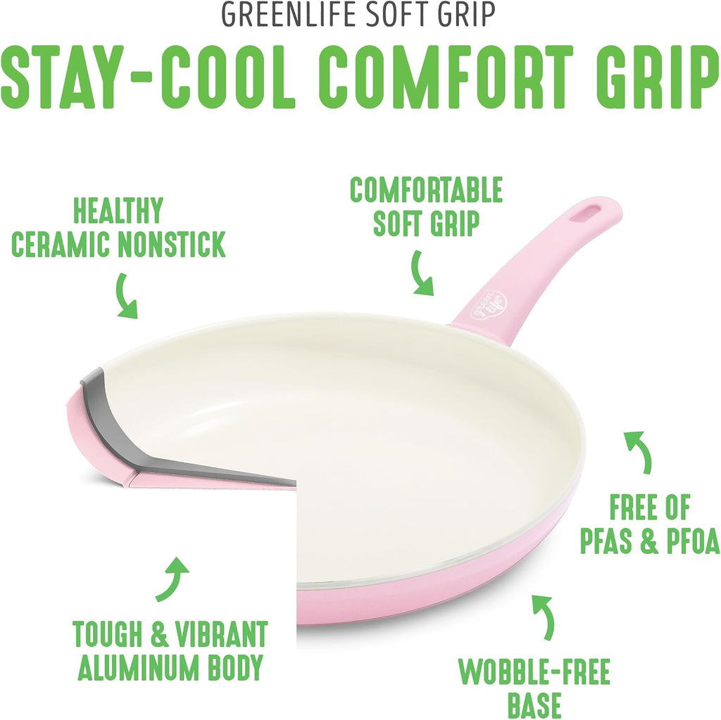 GreenLife Soft Grip Healthy Ceramic Nonstick 18 Piece Kitchen Cookware Pots and Frying Sauce Saute Pans Set, PFAS-Free with Kitchen Utensils and Lid, Dishwasher Safe, Soft Pink