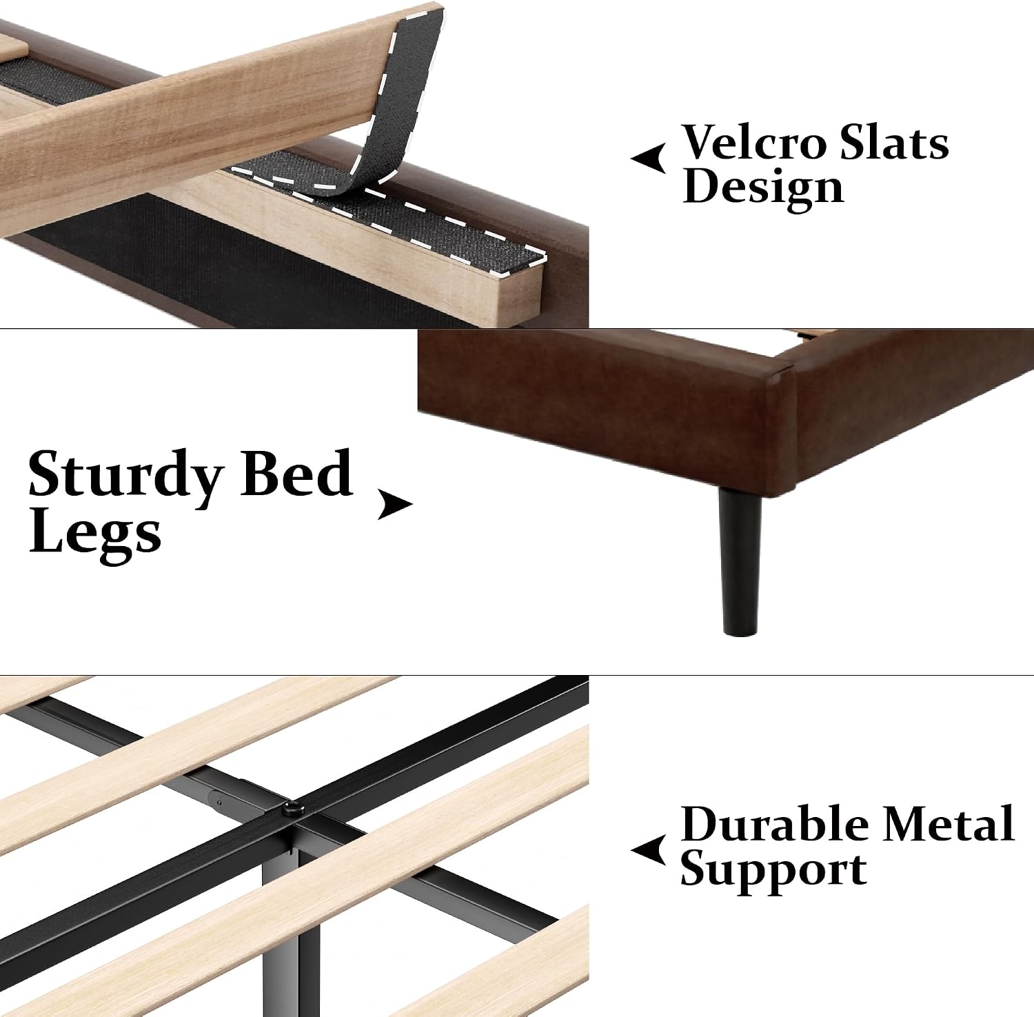 Gruwans Queen Size Bed Frame with Upholstered Wingback Headboard, Easy Assemnly Platform Bed, Wooden Slat Support No Box Spring Needed, Dark Brown Leather