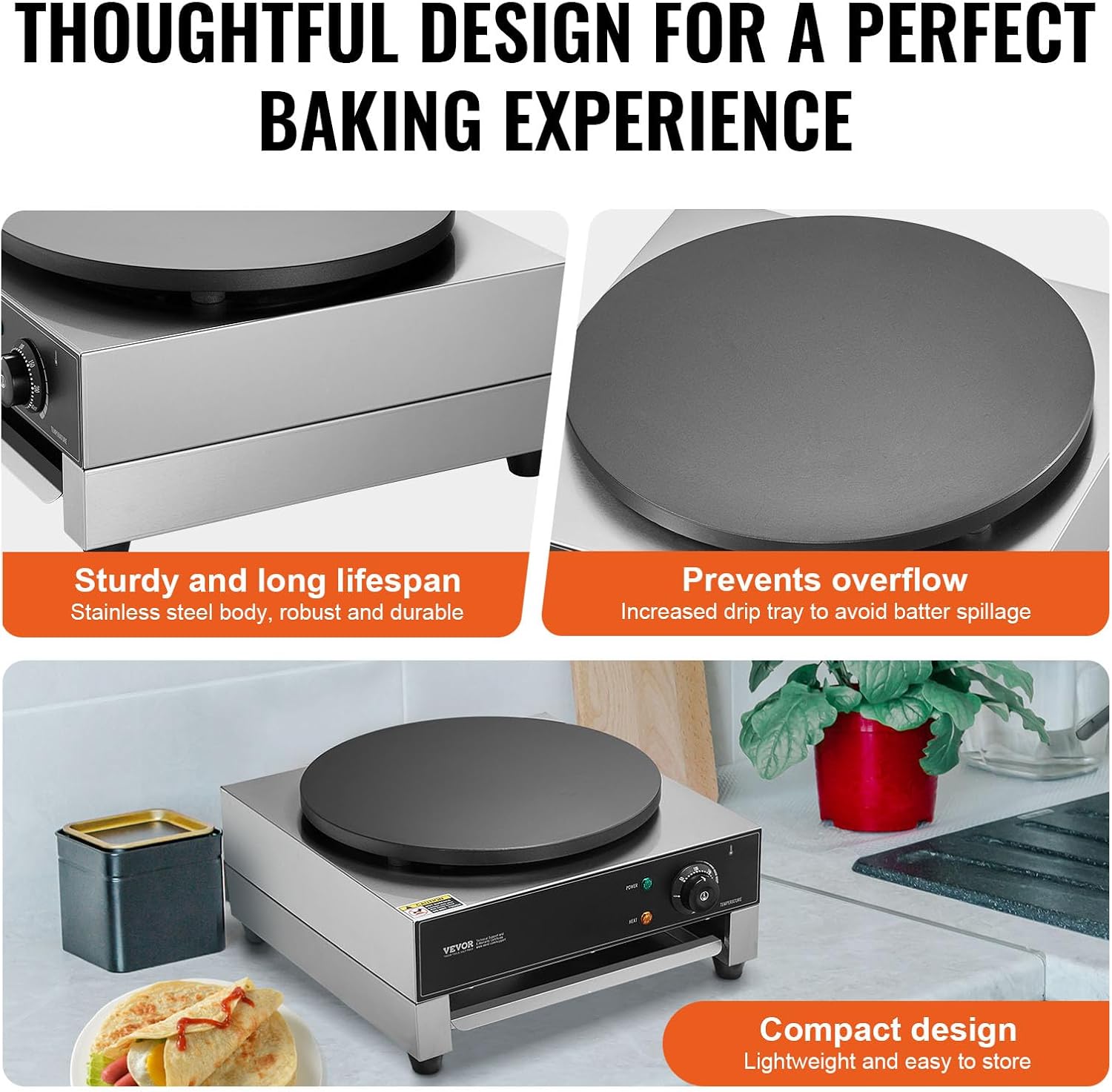 VEVOR Electric Crepe Maker, 16-Inch Commercial Crepe Machine, 1700W Flat Plate Crepe Griddle, Nonstick Stainless Steel Pancake Making Machine, Desktop Circular Cereals Pancake Stove with Temp Control