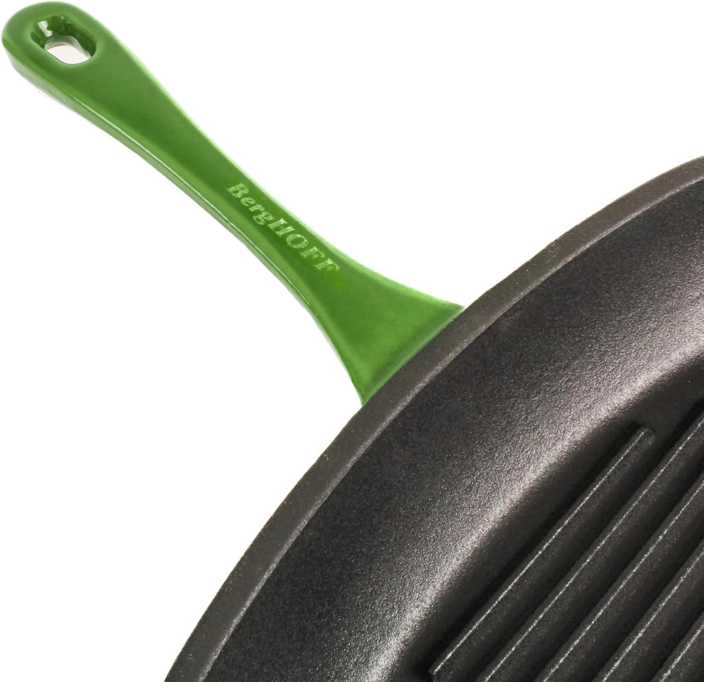BergHOFF 3Pc Neo Enameled Cast Iron Cookware Set, 3qt. Dutch Oven, Matching Lid, Square Grill Pan 11 Inches, Oven Safe Up To 400°F, Green