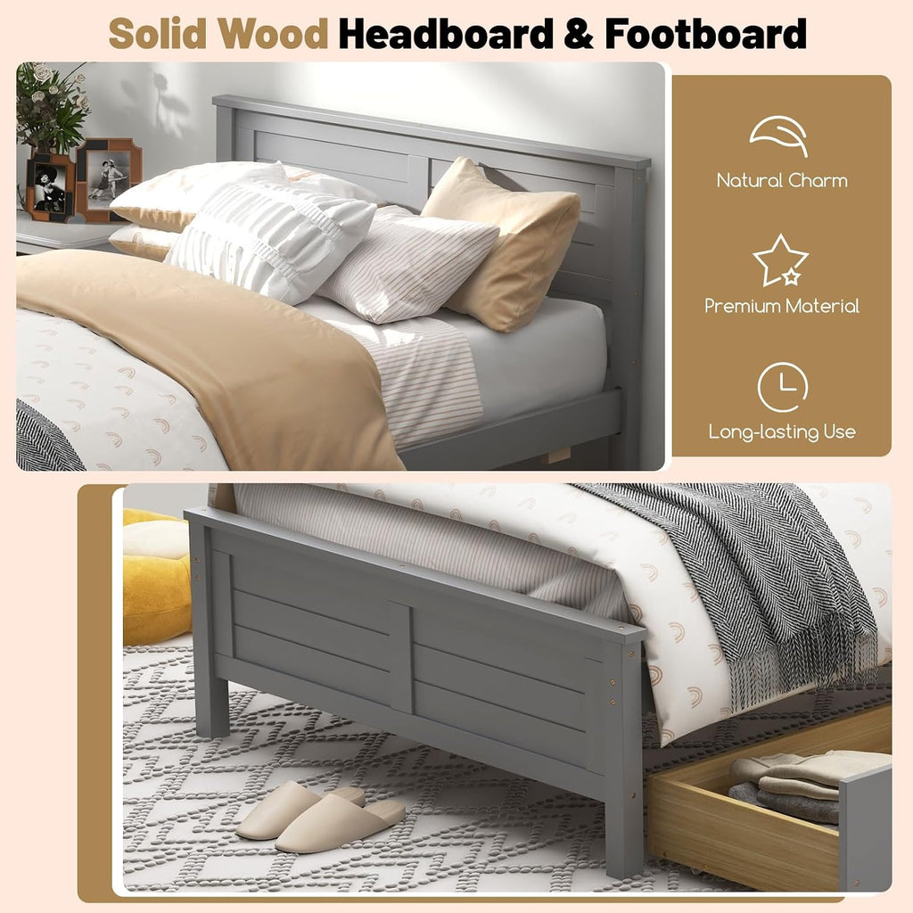 GOFLAME Twin Size Bed Frame with 2 Drawers, Platform Bed with Solid Wood Headboard & Footboard, Wood Slats Support Mattress Foundation, Under Bed Storage, No Box Spring Needed, Easy Assembly, Grey