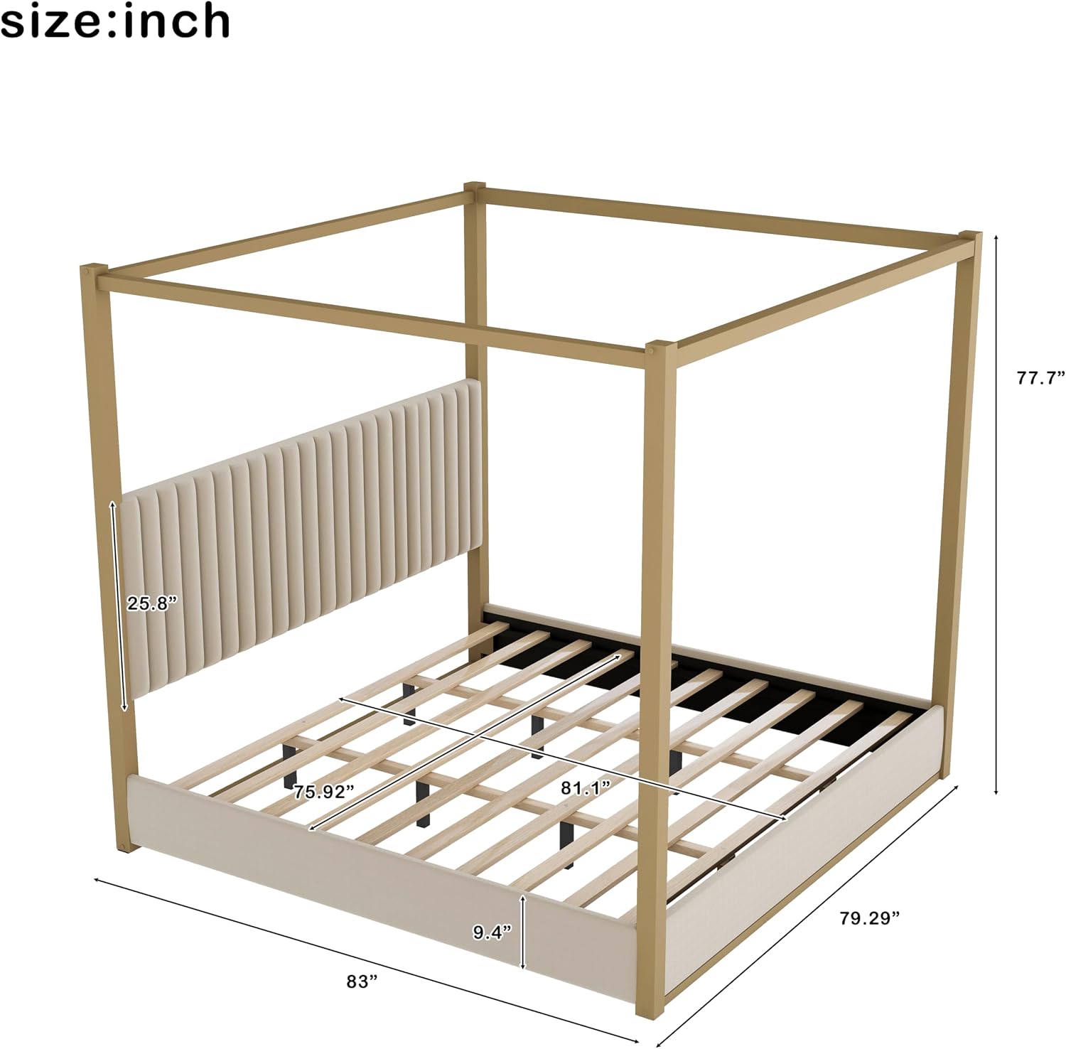 King Size Canopy Bed with Upholstered Headboard, 4-Poster Bed Frame with Metal Frame for Bedroom (Beige, King)