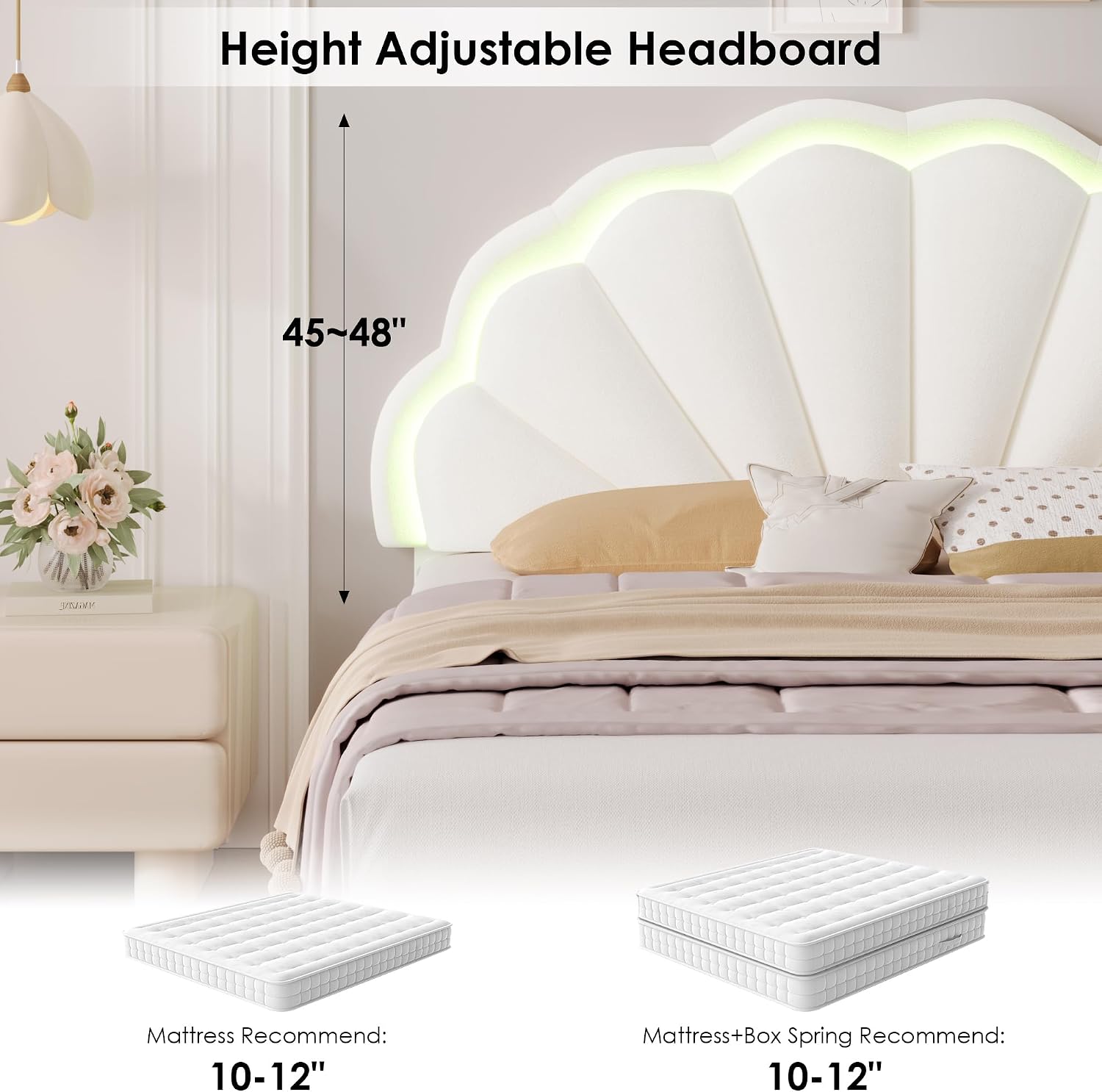 HIFIT Full Upholstered LED Bed Frame with 2 Storage Drawers and Adjustable Chic Double Petal Headboard, Soft Velvet Princess Platform Bed for Girls, Solid Wood Slat Support/No Box Spring Needed, Beige