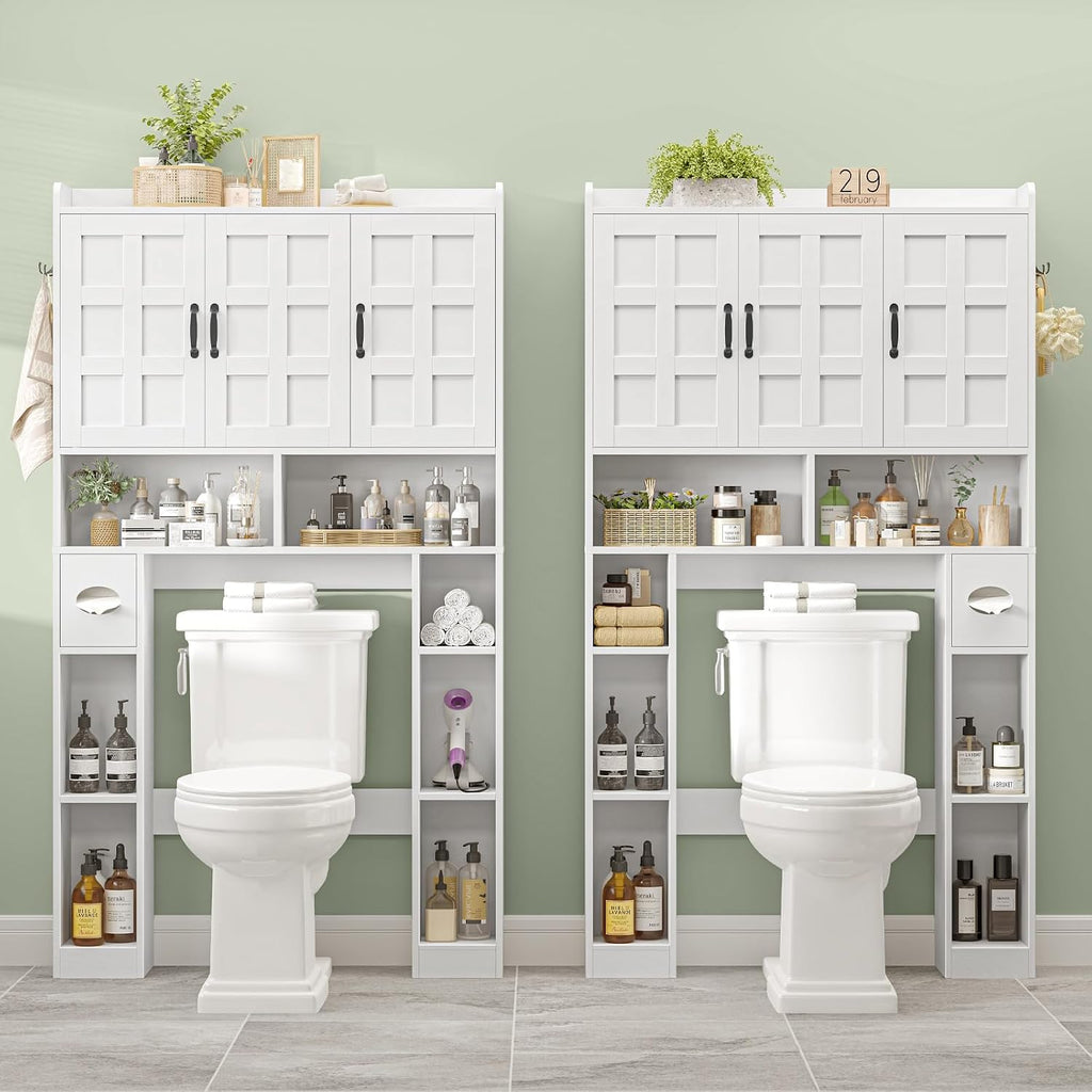 Vabches Over The Toilet Storage Cabinet,Farmhouse Bathroom Organizer with 3 Barn Doors & Adjustable Storage Shelf,Space-Saving Toilet Rack with Toilet Paper Holder Stand for Restroom, Laundry, White